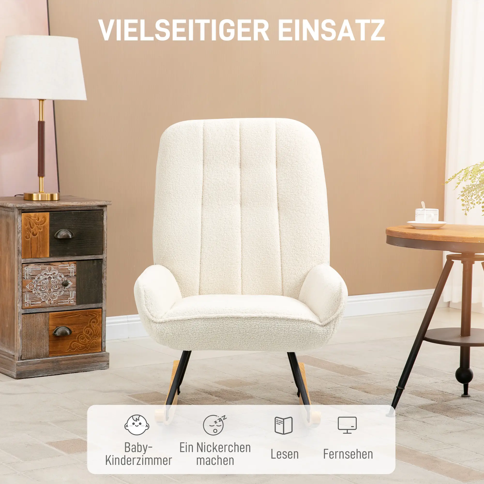 HOMCOM Schaukelstuhl Wohnzimmer Entspannung Komfort Sherpa Fleece Cremeweiß