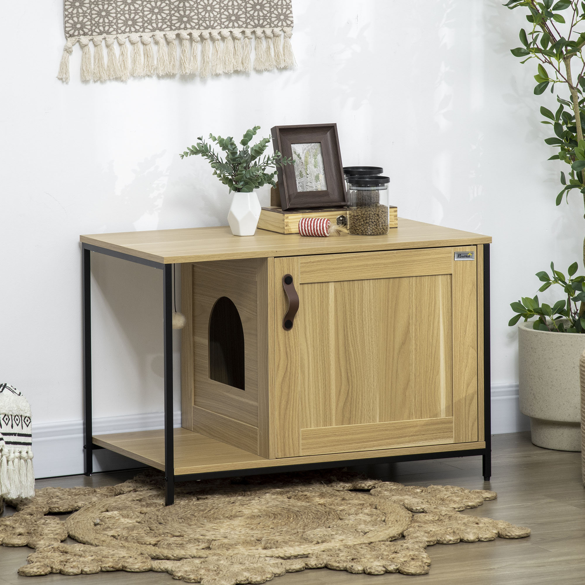 PawHut Katzentoilette im Industriestil mit Seiteneingangsklappe Hängende Kugel Stahlrahmen Holzoptik hell