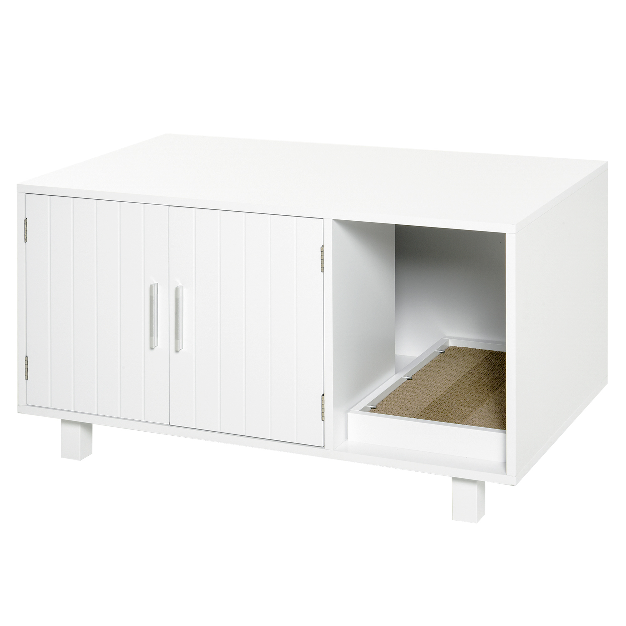 PawHut Katzenklo-Möbel, 2-türig, Kratzbaumfach, Beistelltisch, 50,5H x 91L x 52B cm, MDF, weiß