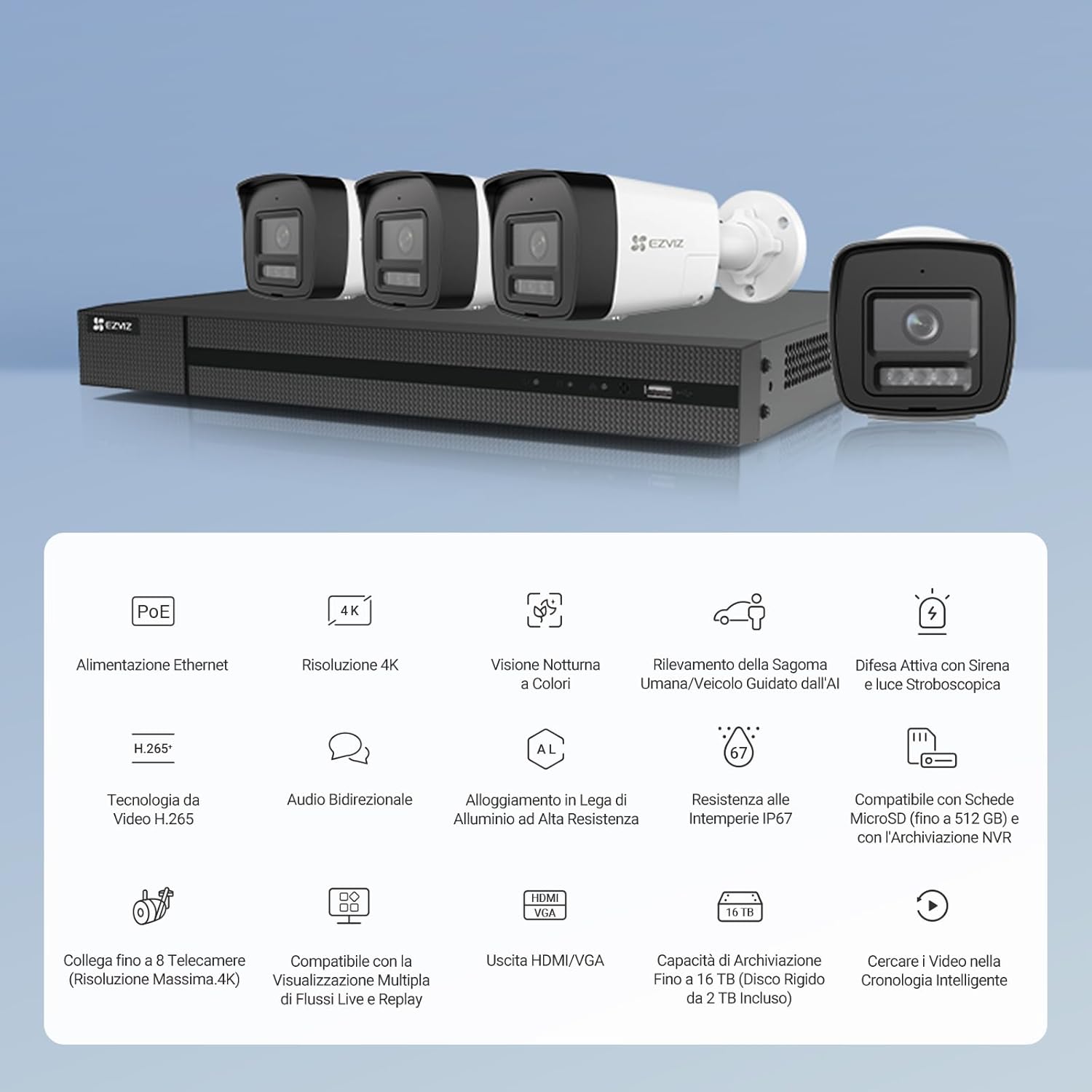 EZVIZ 4K PoE Kit Telecamera da Esterno, 4K NVR 4CH 16TB + 4x 8MP Telecamera, Rilevamento di Uomo/Veicolo, Visione Notturna a Colori, Impermeabile IP67, Registrazione 24/7