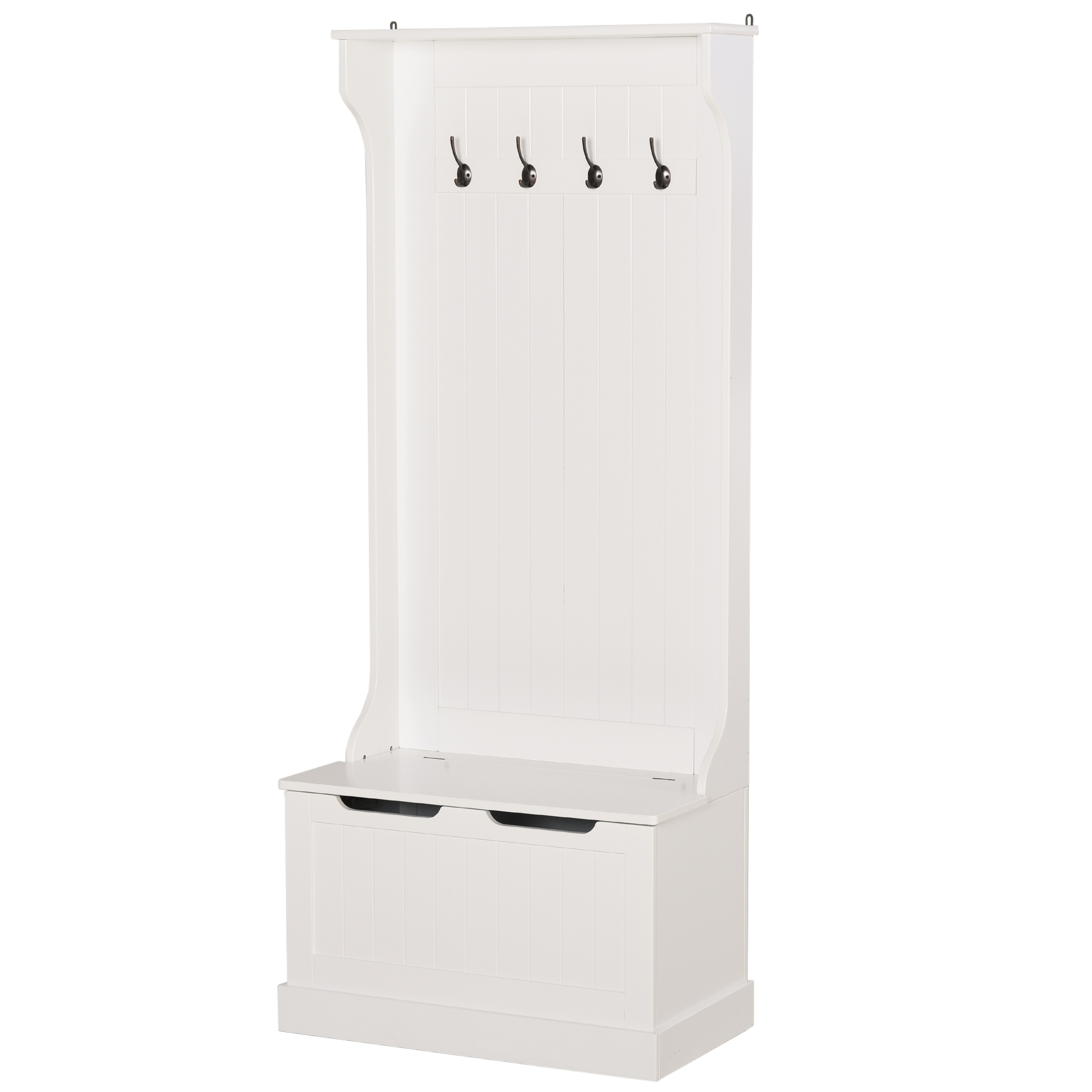 HOMCOM Bodengarderobenständer Modern 3 in 1 mit 4 Haken, Aufbewahrungsbank und Garderobenständer, Platzsparendes Möbel für Flur, Korridor, Schlafzimmer aus Holz, 71,5x39,5x170 cm, Weiß