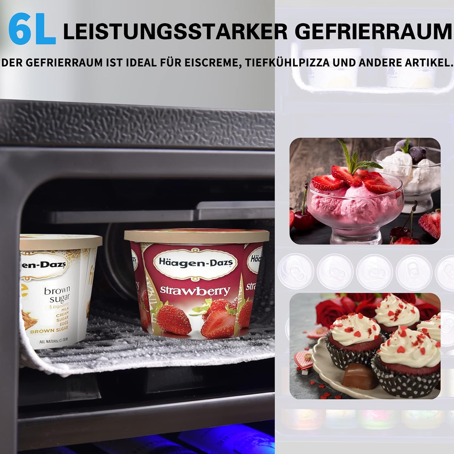 Merax 76L Kühlschrank: Kühlschrank mit 70 l Kühl- und 6 l Gefrierkapazität,LED-Licht,51 Dosen Kapazität, leise Kühlung,anpassbare Einlegeböden [Energieklasse F]