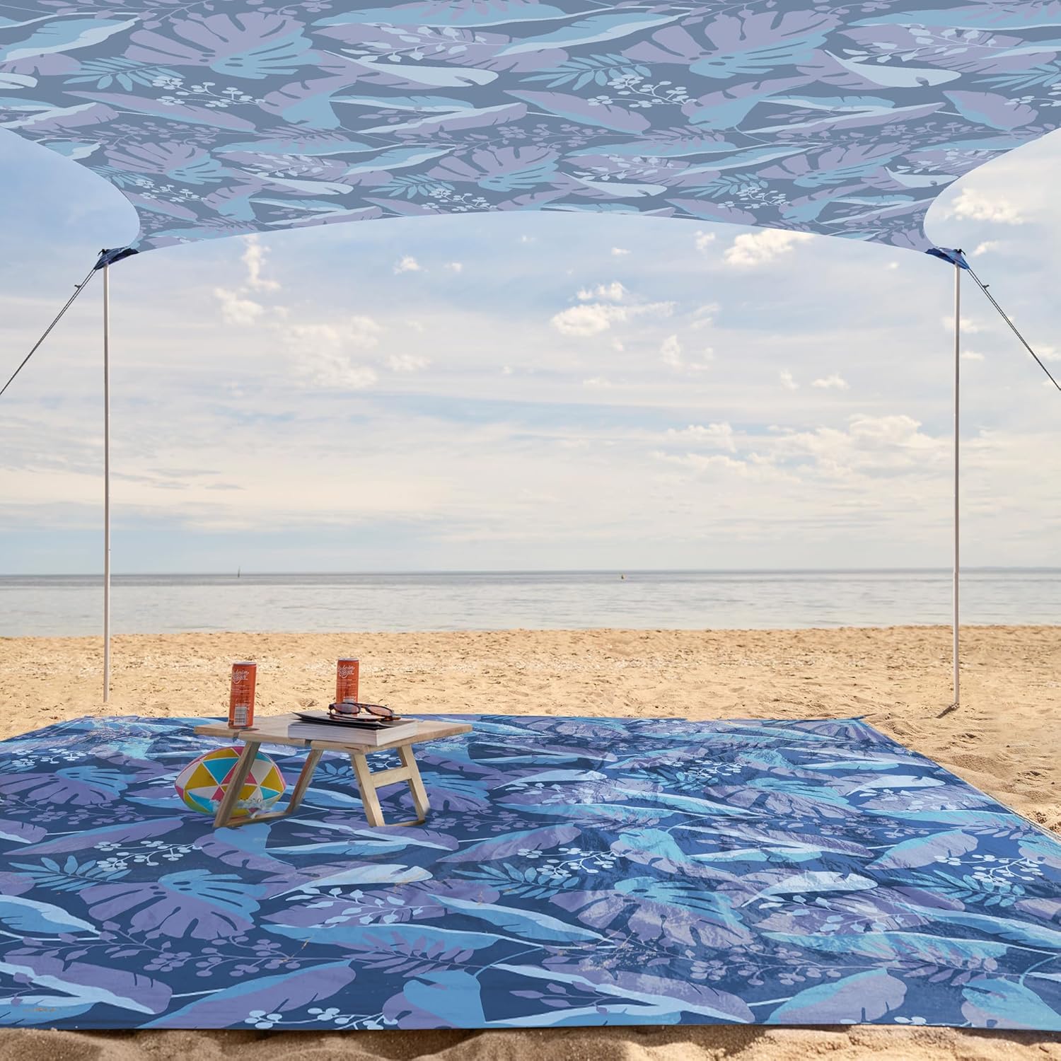 WEKAPO Strandzelt, Sonnenschutz, einfach aufzubauen, Strandüberdachung mit 4 stabilen Stangen, großen Sandsäcken und Schaufel, 2,3 m hoch, winddichter Sonnenschutz für Garten und Camping, UPF 50+