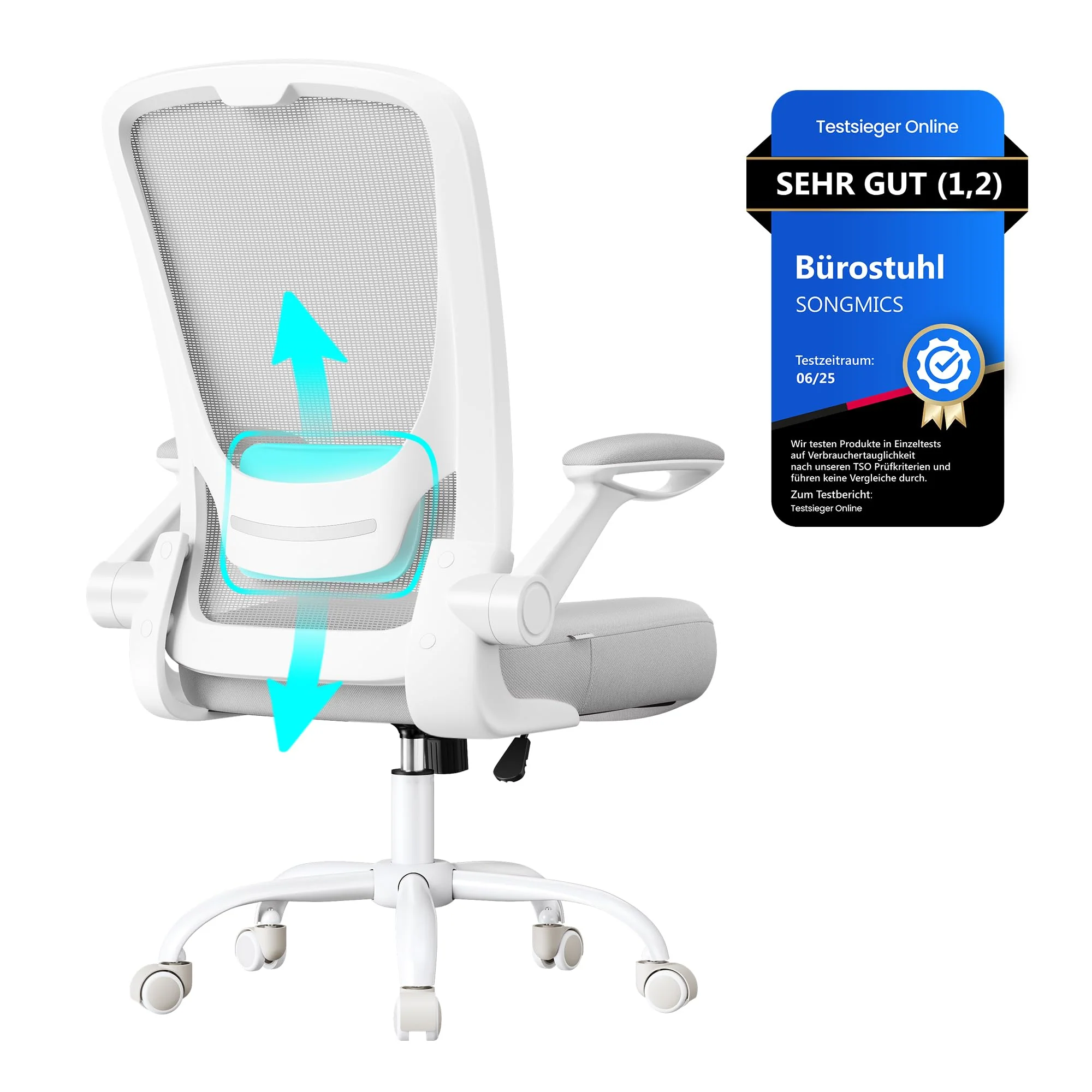 SONGMICS Ergonomischer Bürostuhl mit klappbaren Armlehnen und höhenverstellbarem Sitz