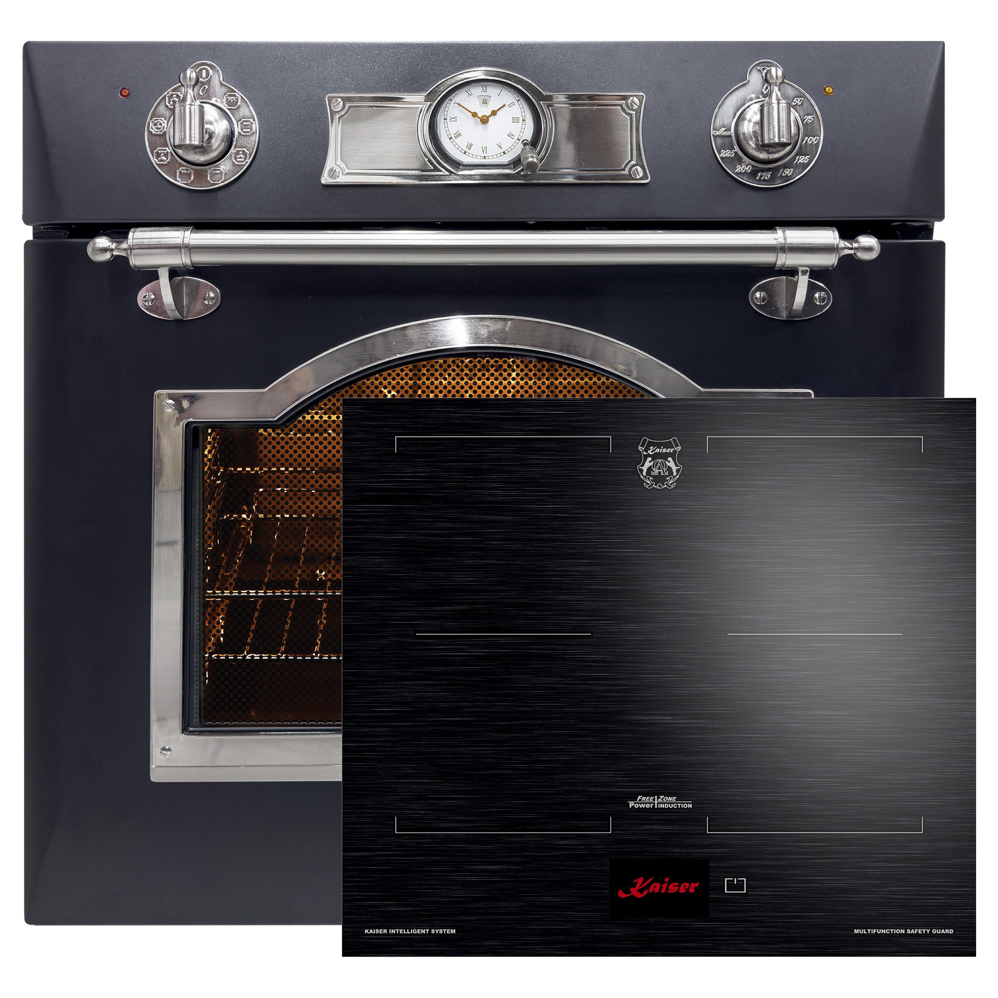 Backofen-Set Herd Set Autark Elektro Einbaubackofen, 60 cm,Teleskop-System, 67L, 8 Funktionen mit Induktionskochfeld 60 cm FREE ZONE mit 2 FLEX Induktions-Zonen TFT Display EH 6355 Em Sil+KCT 6140 FI