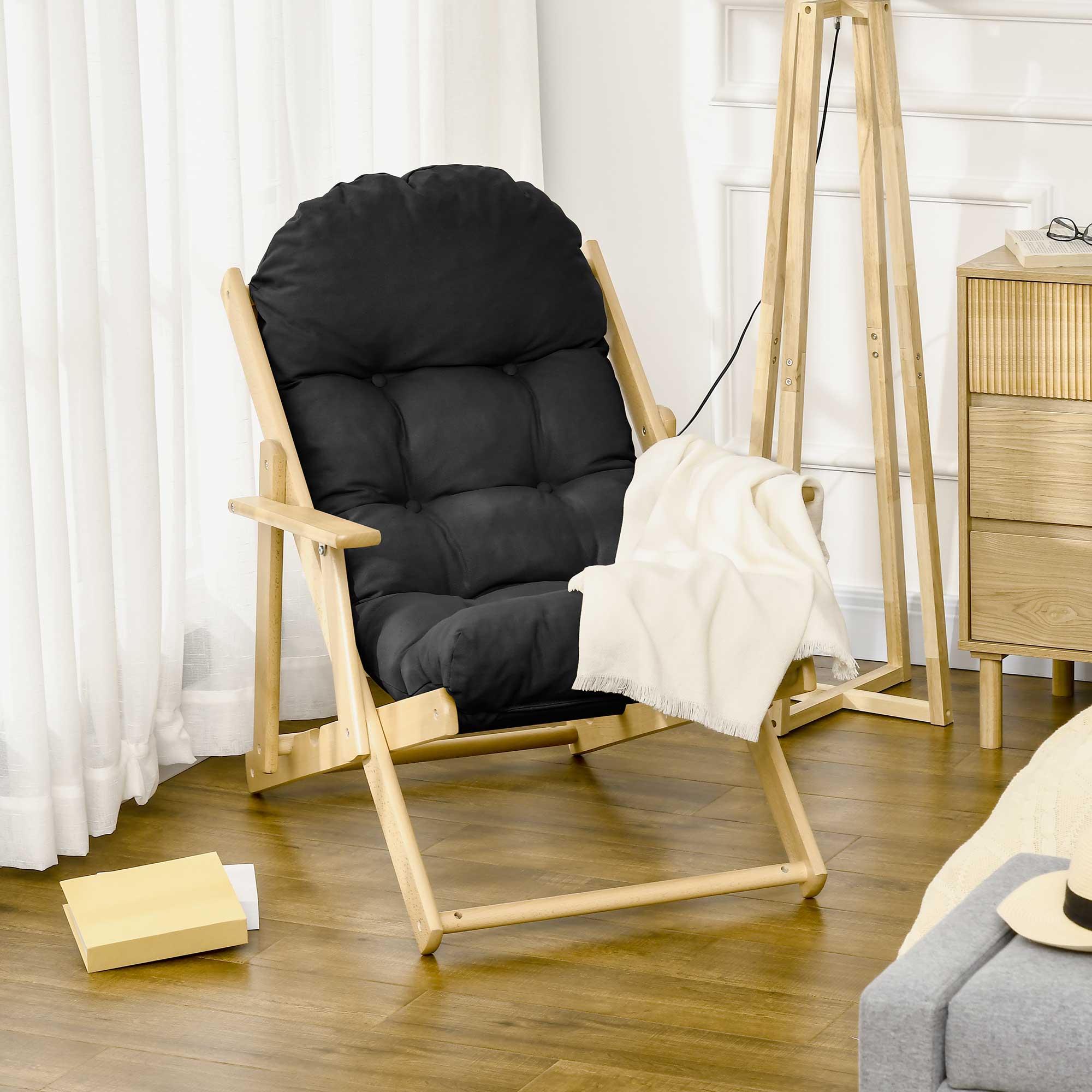 HOMCOM Fauteuil Sessel für Salon Klappbar und verstellbar aus Holz Bequemer Relaxsessel mit dick gepolstertem Steppkissen