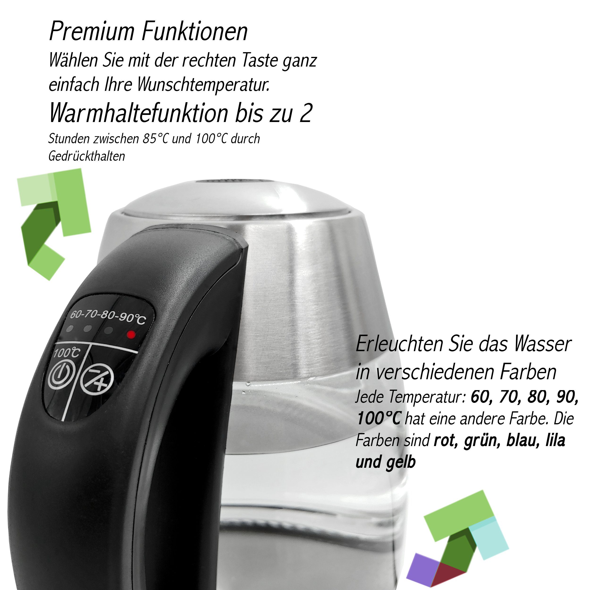 Wasserkocher 1,7 l Glas Edelstahl Wasserkocher 2200W, LED & Temperatureinstellung