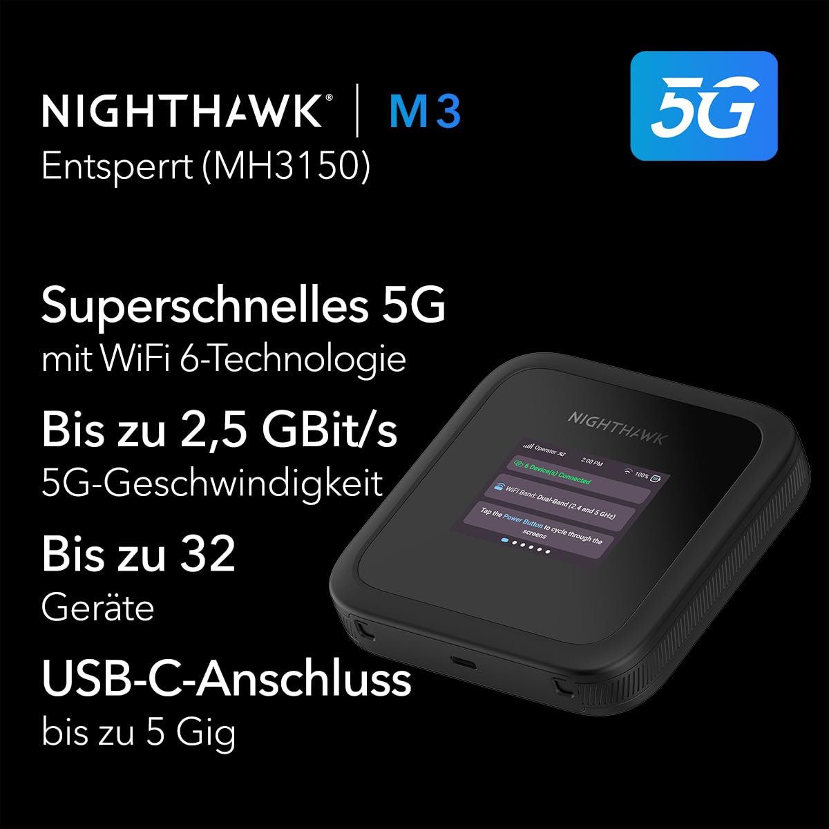 Mobiler 5G-WLAN-Router M3 Wi-Fi 6 Dualband bis 2,5 Gbit/s für bis zu 32 Geräte mit Hotspot-Funktion und Akku