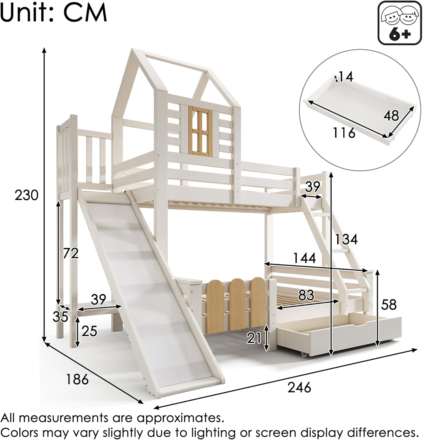 Kinderbett Etagenbett 90x200 & 140x200 cm mit Leiter & Rutsche, Hochbett Hausbett mit Bücherregal & Stauraum Schubladen, Bett Bettgestell mit Lattenrost & Rausfallschutz, Ohne Matratze, Weiß