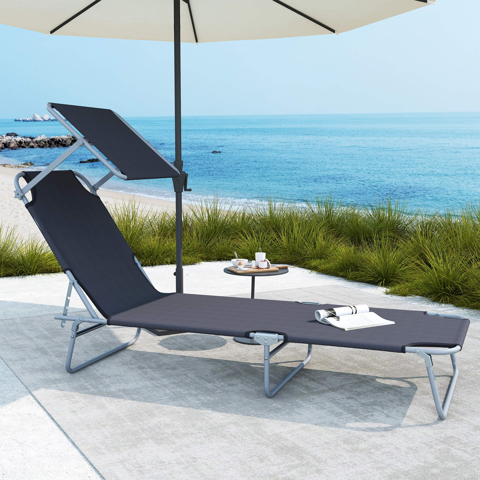 Outsunny Sonnenliege klappbar Gartenliege mit Sonnenschutz Wellnessliege mit 4-Fach verstellbare Rückenlehne Strandliege bis 120kg belastbar für Garten, Balkon und Pool geeignet, 6 Farben(Grau )