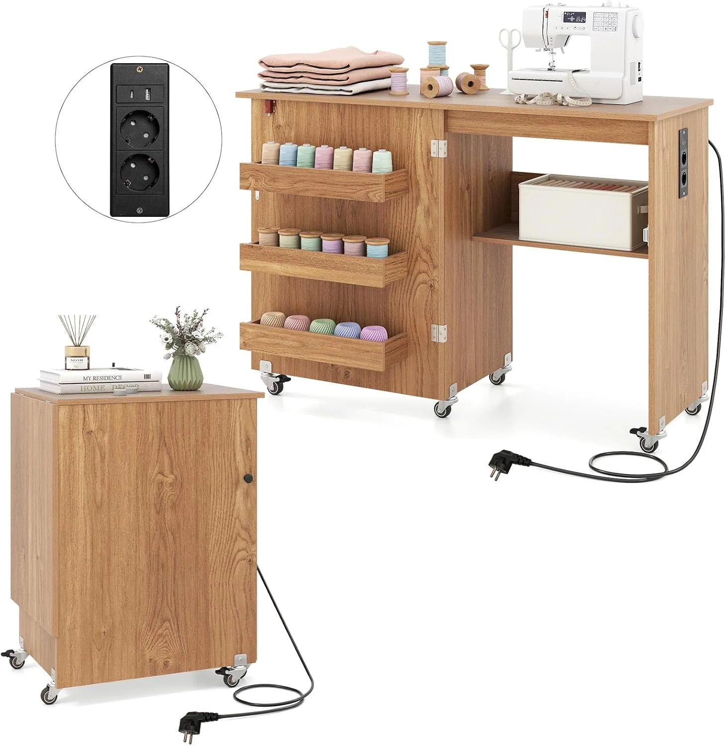 GIANTEX Nähtisch mit Ladestation, Mehrzwecktisch 116 x 41 x 78 cm (Walnuss), Nähschrank mit Rollen, Nähmaschinenschrank Holz mit Stauraum
