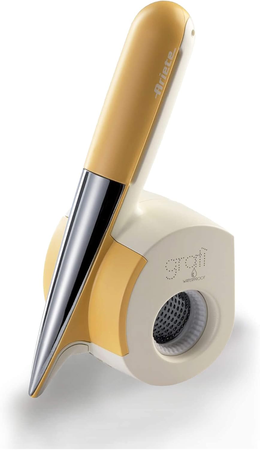 Ariete 44 Gratì Metal - Grattugia Elettrica Senza Filo - 1 kg formaggio con 1 ricarica - 2 rulli fori grandi e fini - bianco e argento