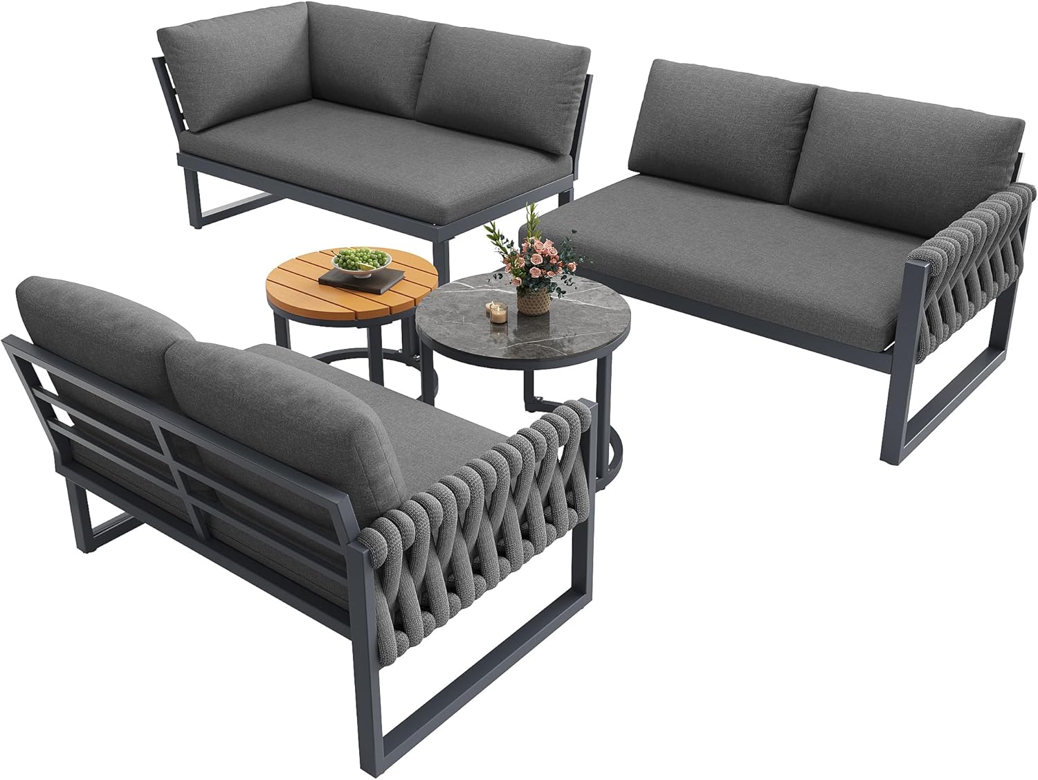 Garten Lounge Set für 5-6 Personen, Ecksofa und Sessel-Sofa mit Höhenverstellbaren Tischbeinen, Abnehmbaren Wasserabweisenden Kissen, Modular für Balkon Garten Terrasse, B - Grau