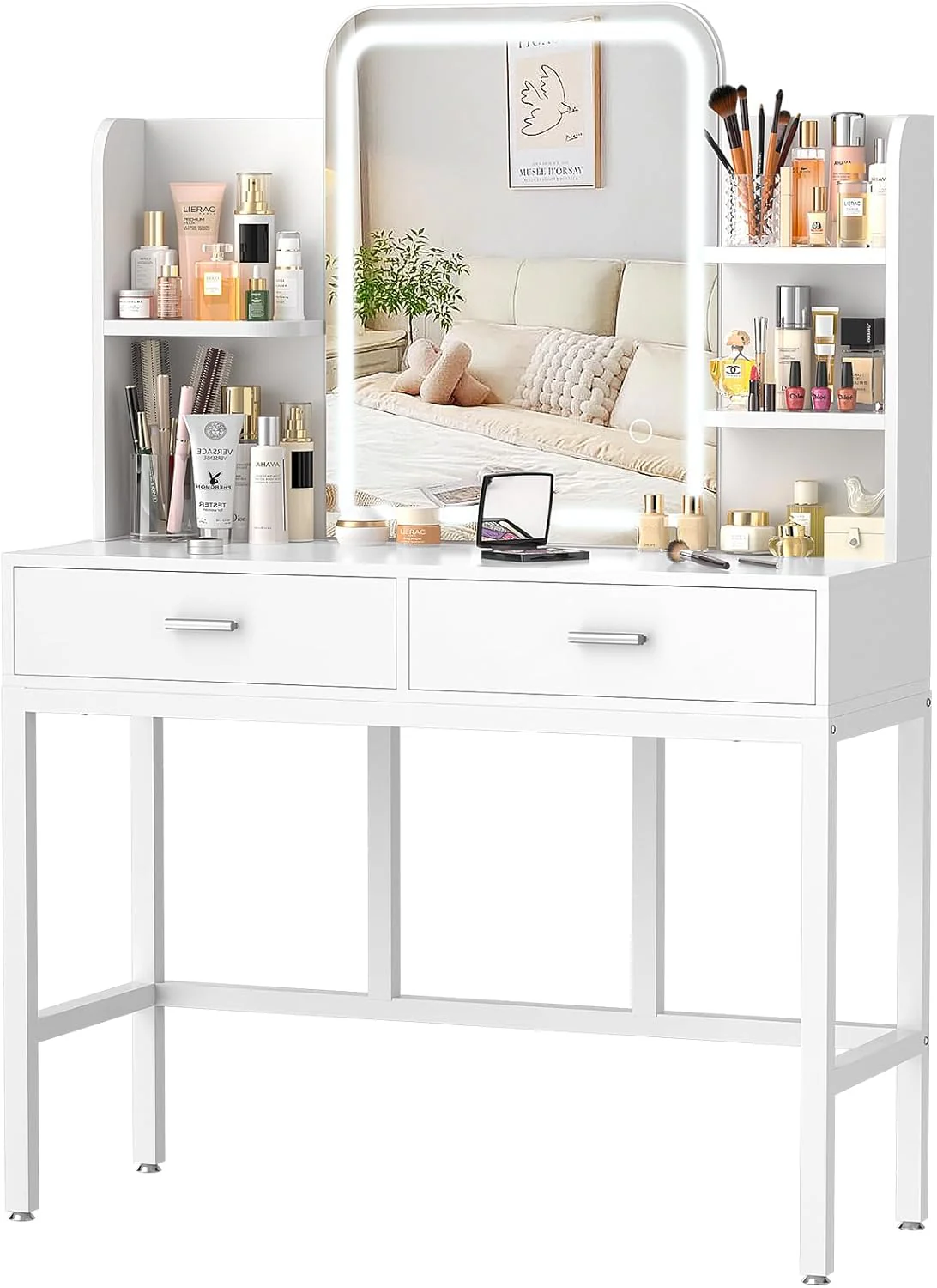 Makeup Vanity Desk with Mirrors, Vanity Set with 2 Storage Drawers and Open Shelves, 3 Colors LED Brightness Adjustable Dressing Table, Makeup Desk for Girls and Women, White