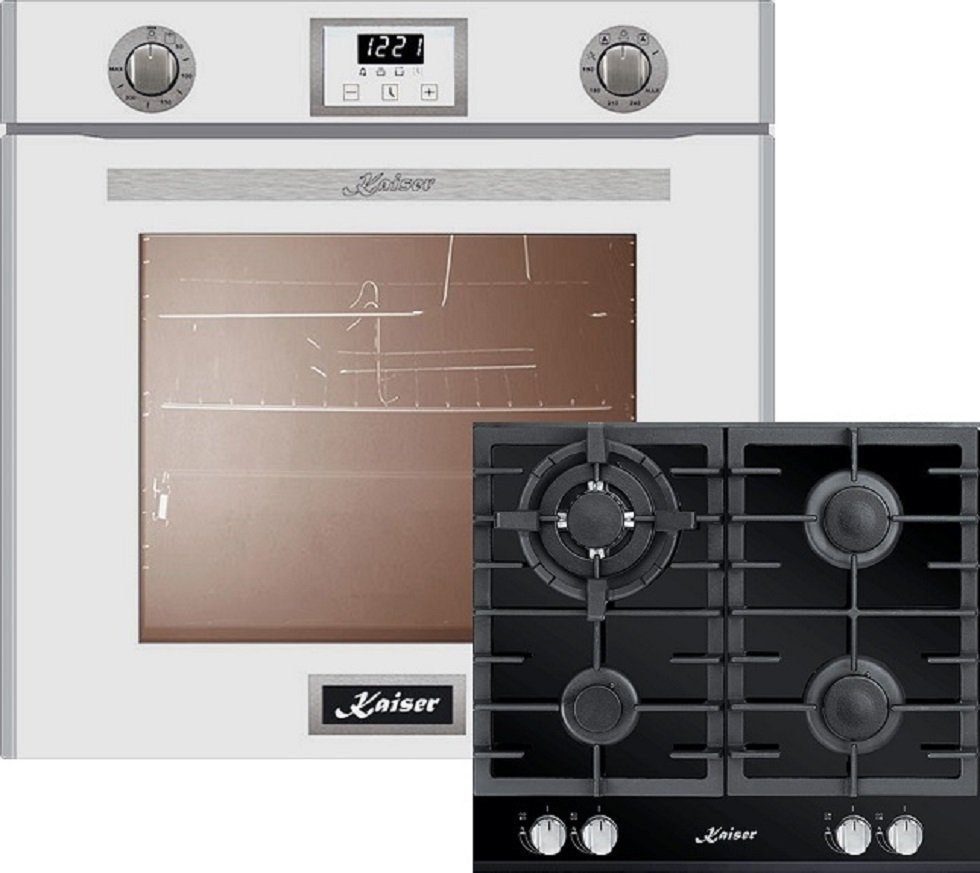 Backofen-Set Herd Set Autark Einbau-Backofen 60 cm in Weiß,Gas Backofen+Gas-Kochfeld 60 cm 4 Brenner 3,8 KW WOK EG 6374 W + KCG 6380.