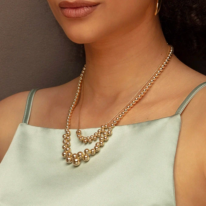 Yellow Gold Pleated Double Bead Centred Necklace