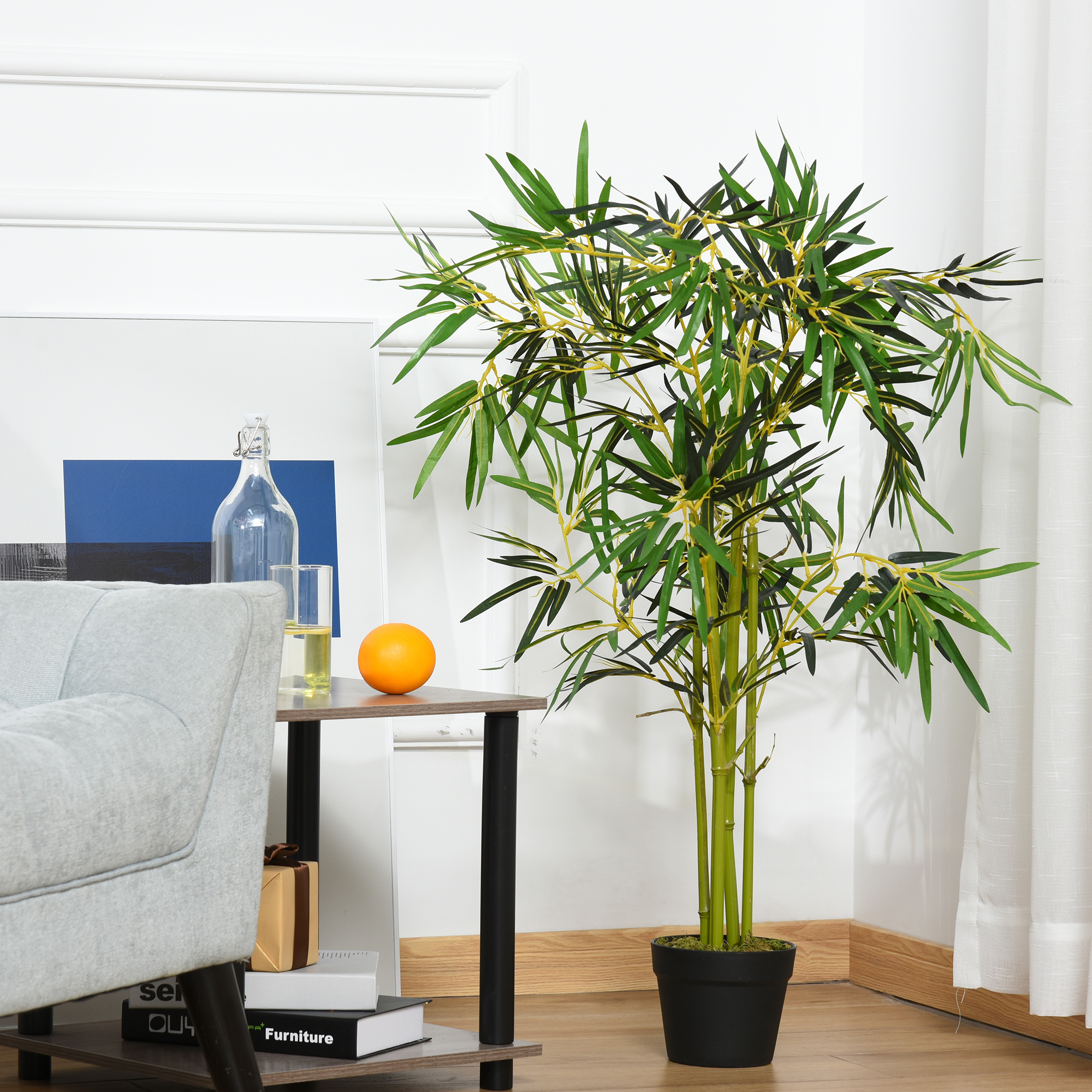 Outsunny Künstlicher Bambusbaum Künstliche Pflanze Höhe 1,2 m 552 dichte realistische Blätter Topf Inklusive Schwarz mit Grünem Moosflechtenimitat