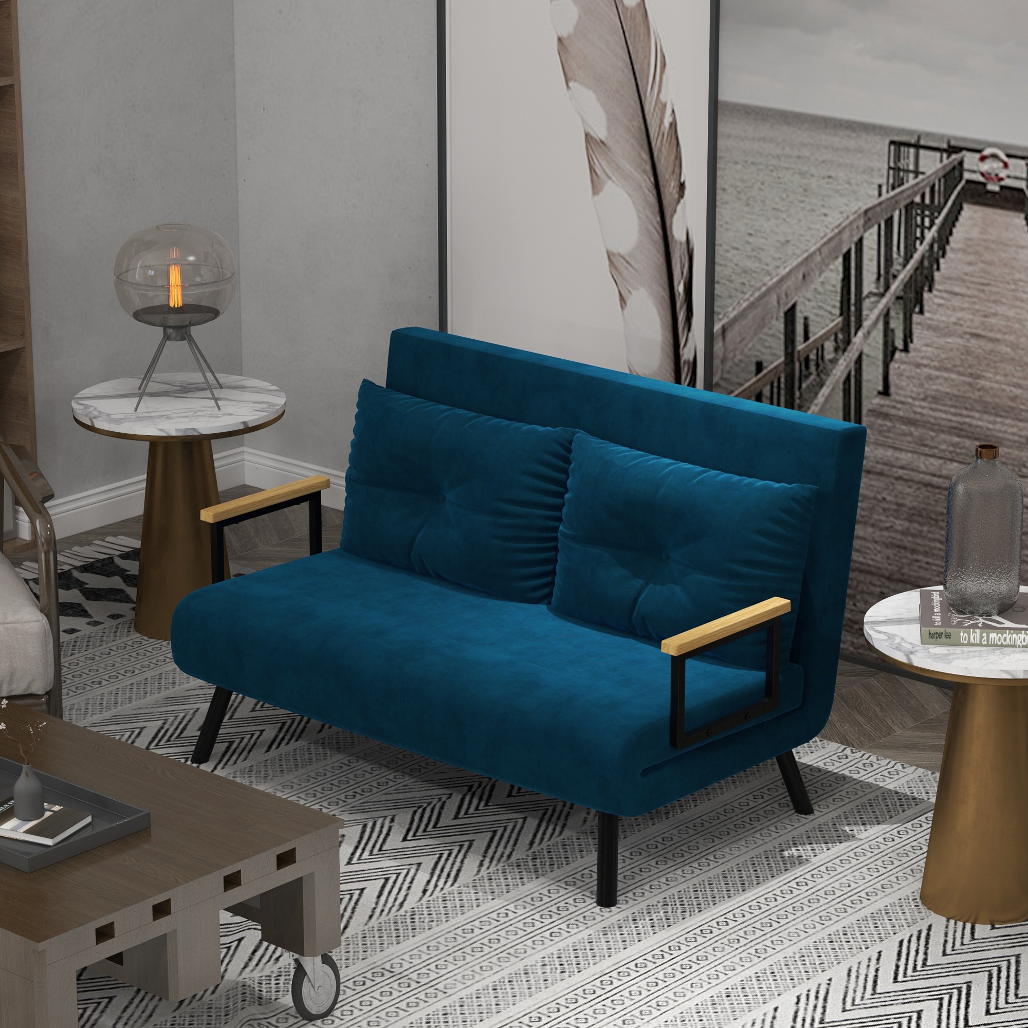 HOMCOM Schlafsofa 2er-Sofa Samtsofa, Schlaffunktion, inkl. 2 Kissen, Samtoptik, Natur + Blau