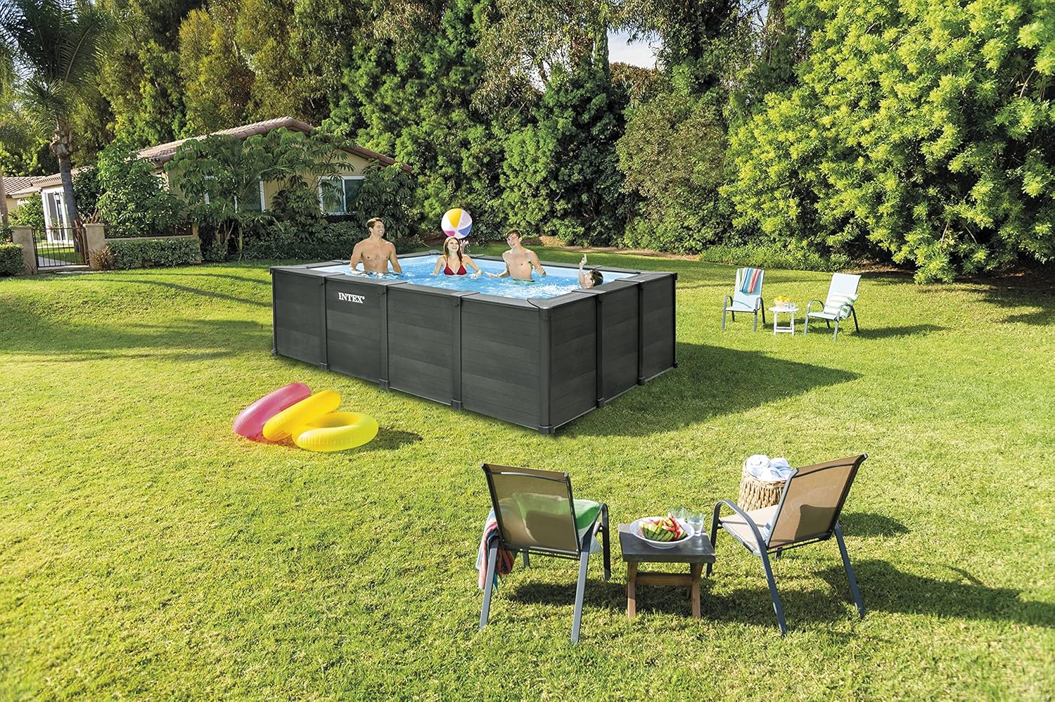 Intex 26396NP - Piscina Graphite Gray Panel Rettangolare, con Pompa Filtro a Sabbia 3500 L/h, Scaletta e Teli, 400x300x124 cm