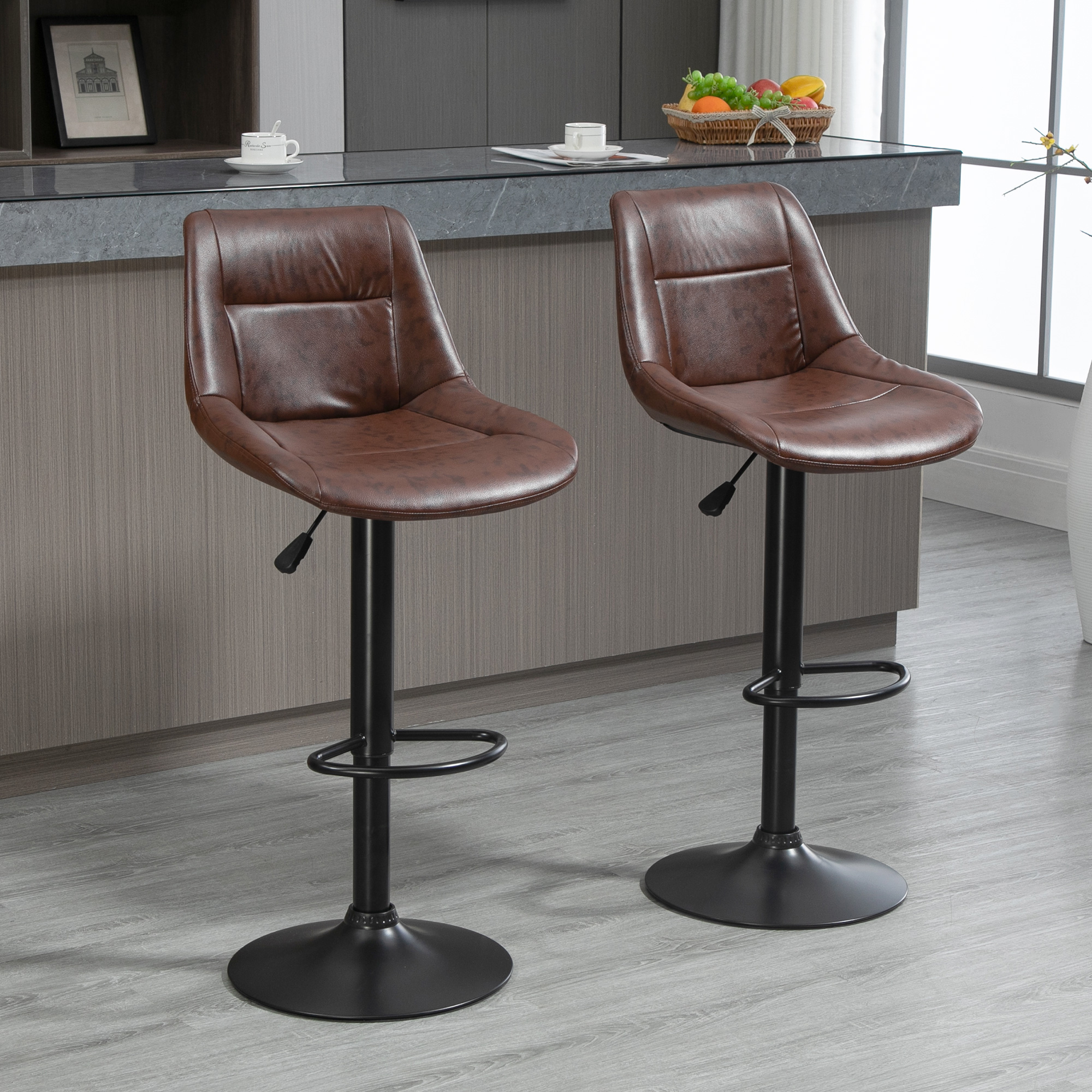 HOMCOM 2er-Set Barhocker Barhocker Barstühle, höhenverstellbar, inkl. Fußstütze, 46,5cm x 50cm x 108cm, Schwarz + Braun