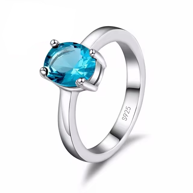 Blue Silver Oval-Shaped Clear Stone Ring