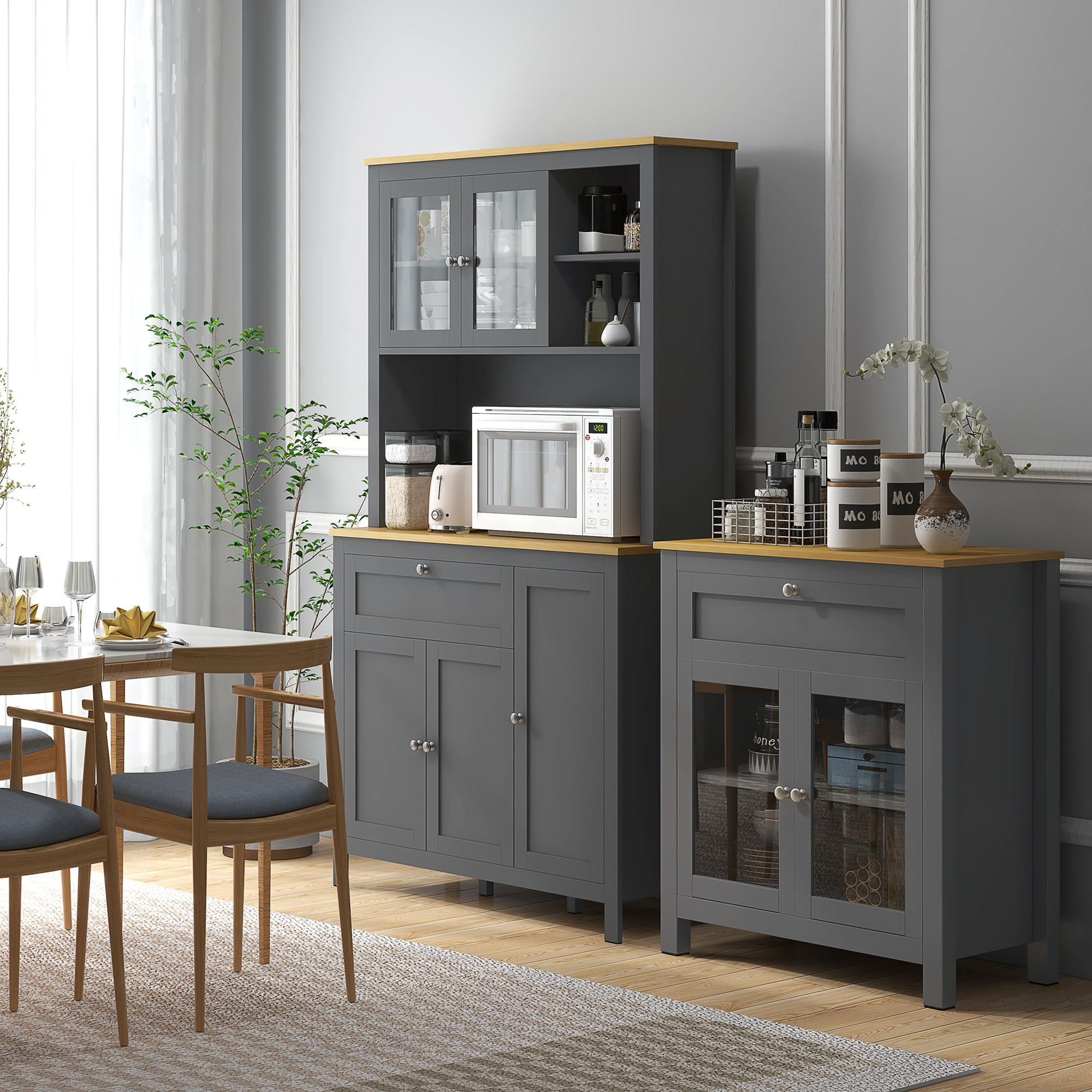 HOMCOM Küchenschrank Buffet Küche 5 Türen davon 2 Glastüren und 1 Schublade, 1 mittleres Fach - Höhe 180 cm Grau