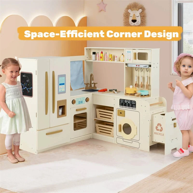 Corner Kids Kitchen Playset with Trash Can, Real Lights & Sounds, 2-Door Fridge, 22 Accessories, Wooden Pretend Play Kitchen for Toddlers 3+