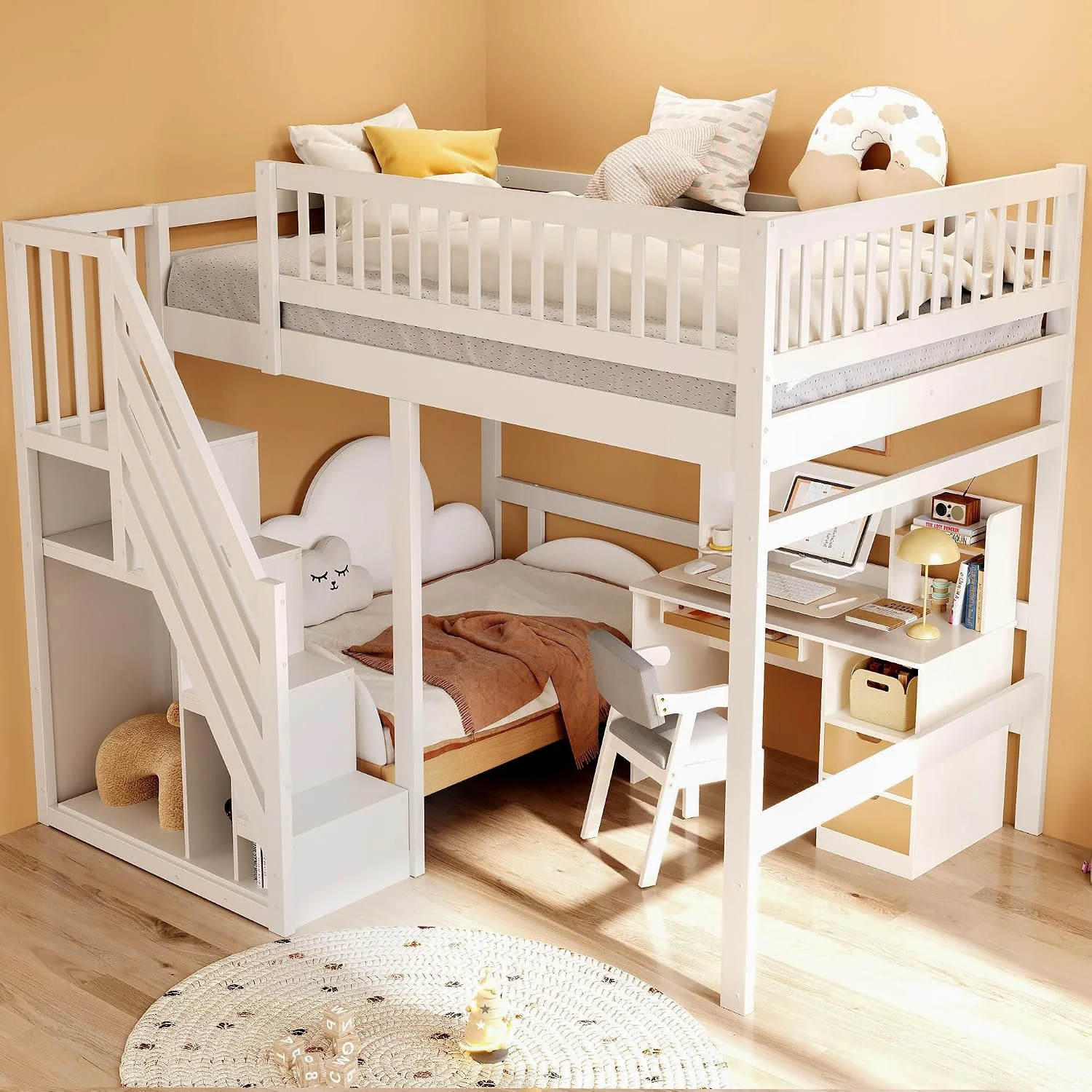 Kinderbett Etagenbett 140x200, Ohne Matratze, Hochbett mit Treppe und Aufbewahrungsschrank, Weiß