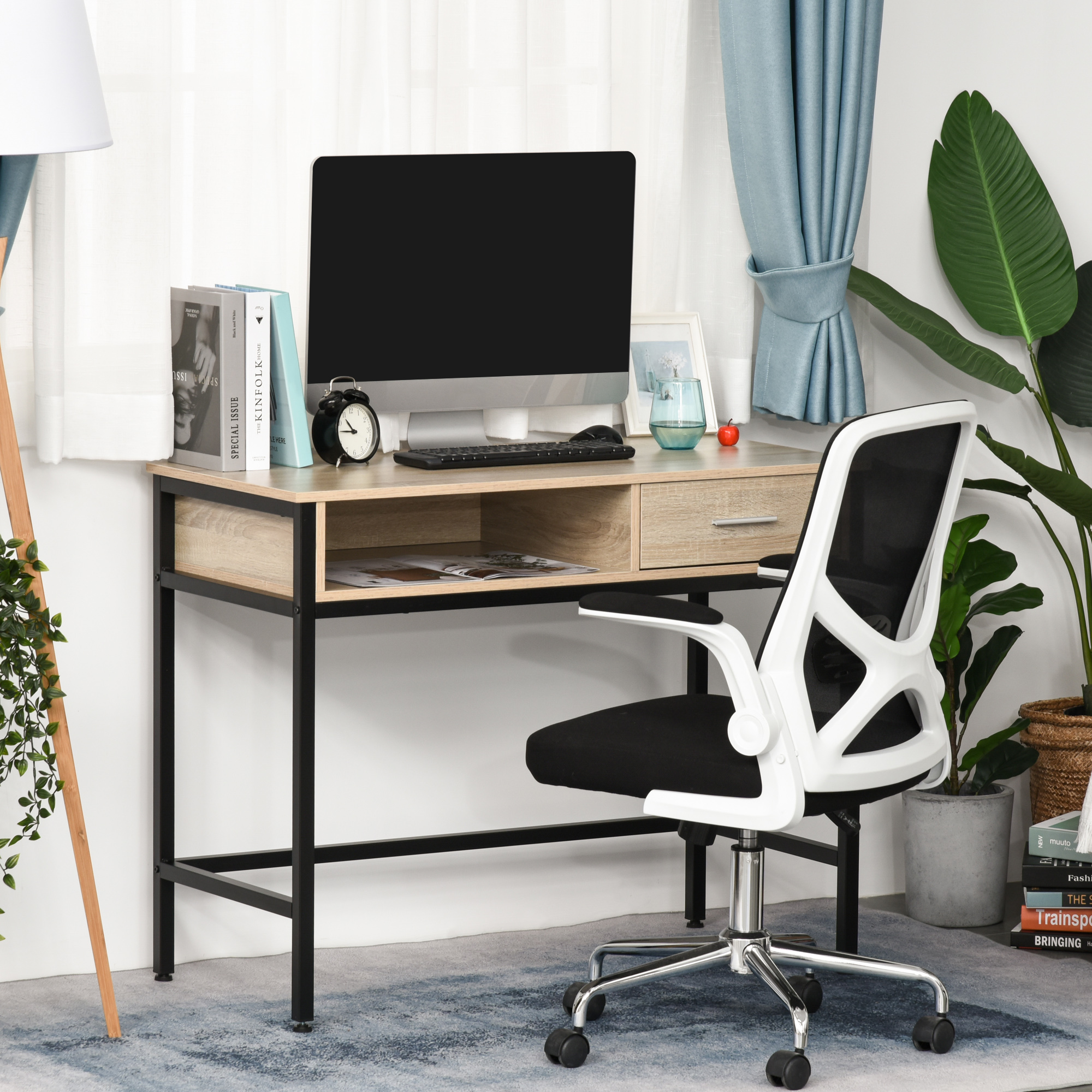 HOMCOM Schreibtisch mit Stauraum Tisch Schreibtisch Industrieller Bürotisch mit Schublade Metallgestell Schwarz Holzplatte Eichenholz-Veilchen
