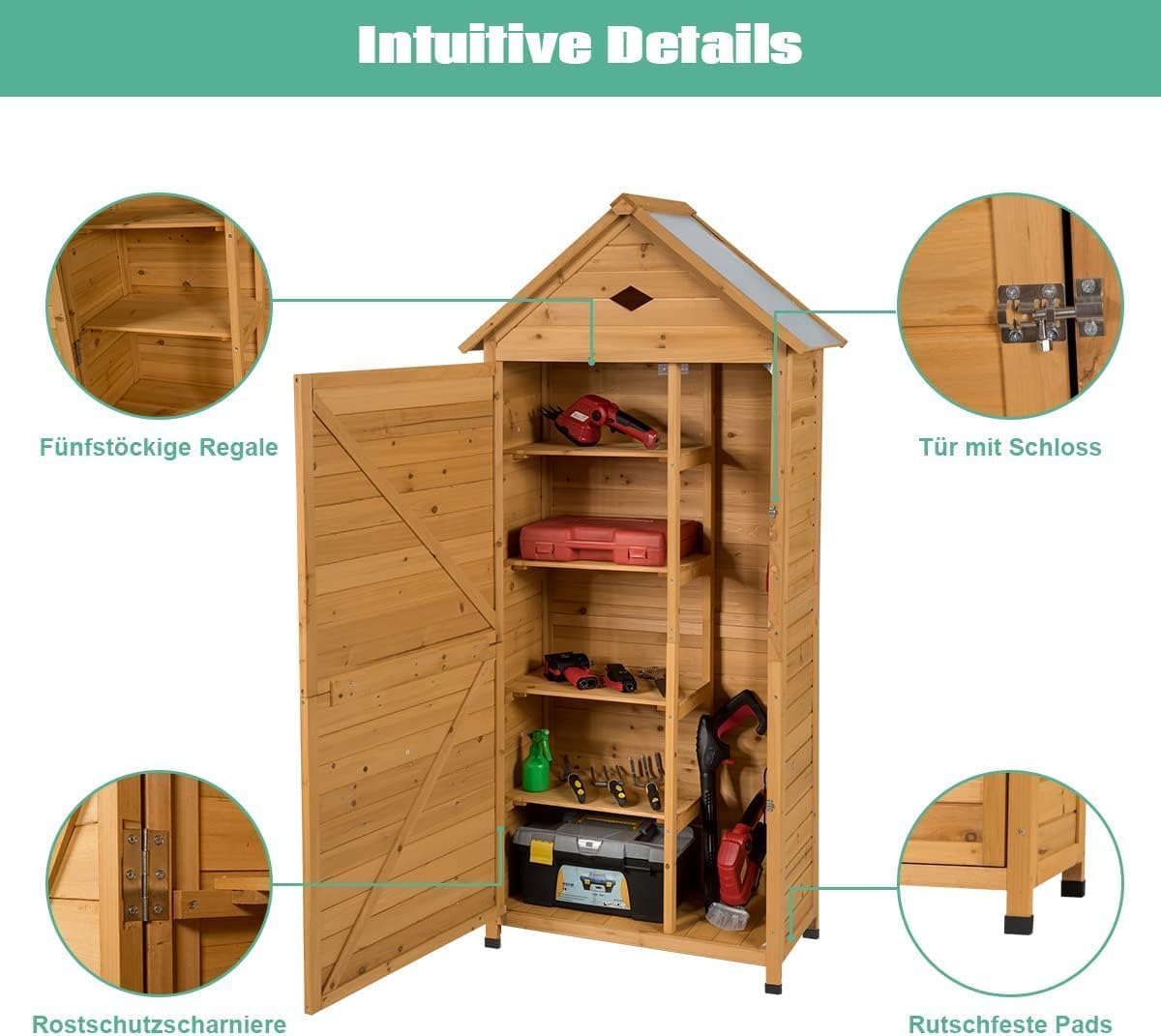 FANTASK Wooden Garden Cabinet, 177 x 80 x 45 cm, Garden Tool Cabinet, Weather Resistant, Garden Shed, Wooden Shed with Gable Roof