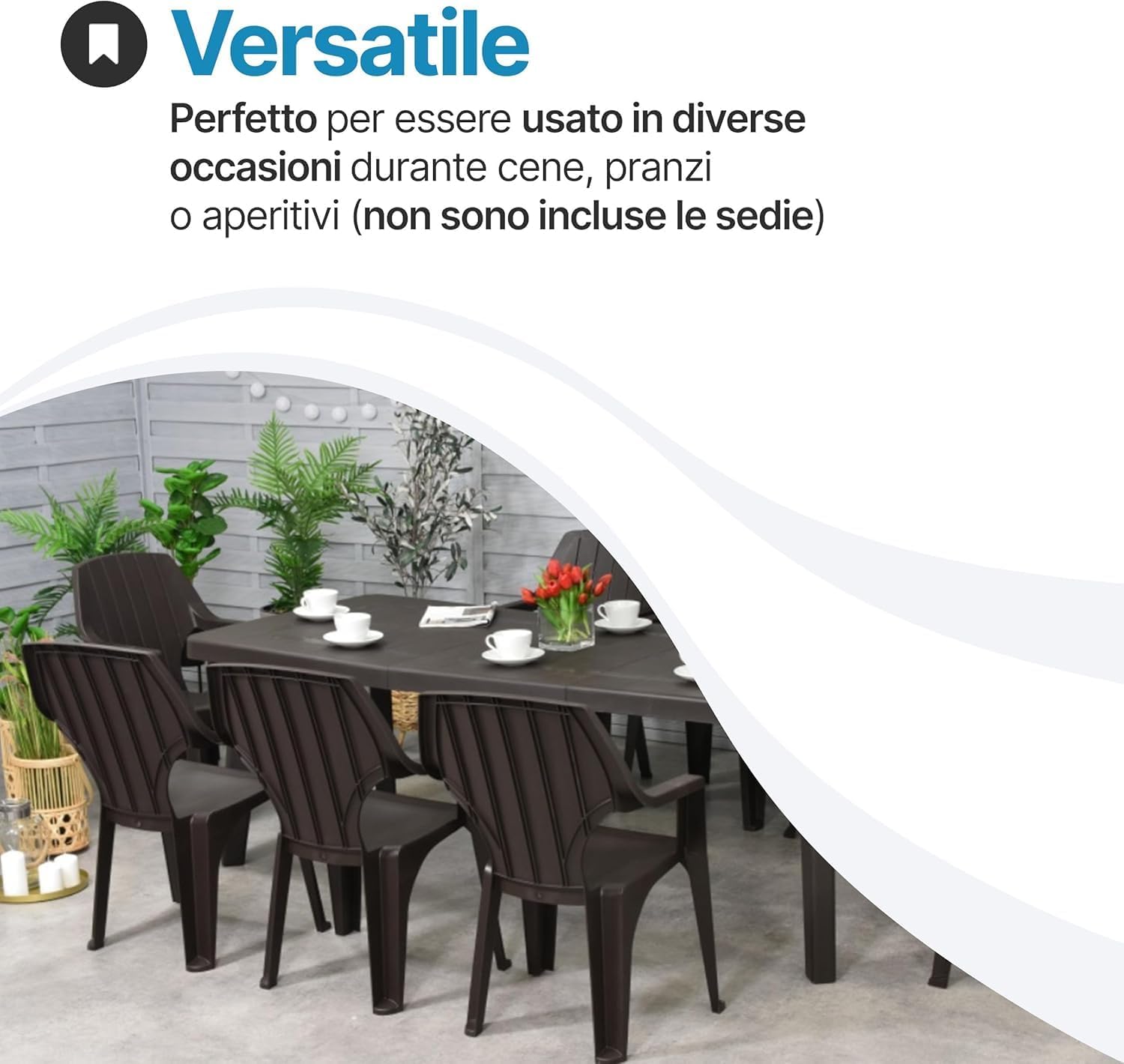 Tomaino - Table and 6 Plastic Garden Chairs Set - with Extendable Extension, with Armrests, Stackable, for Outdoor, Terrace - Norden Dining Set (Black)