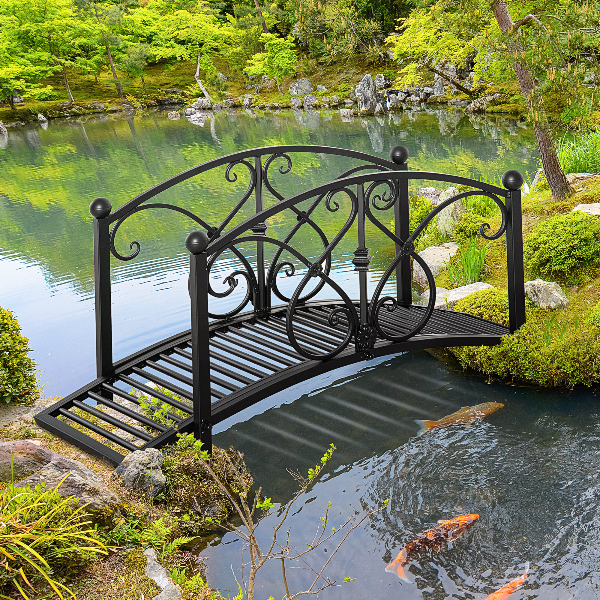 Outsunny Gartenbrücke aus Metall, Gartendekoration mit seitlichen Geländern, maximale Belastung 150 kg, 102 x 48 x 49 cm, schwarz