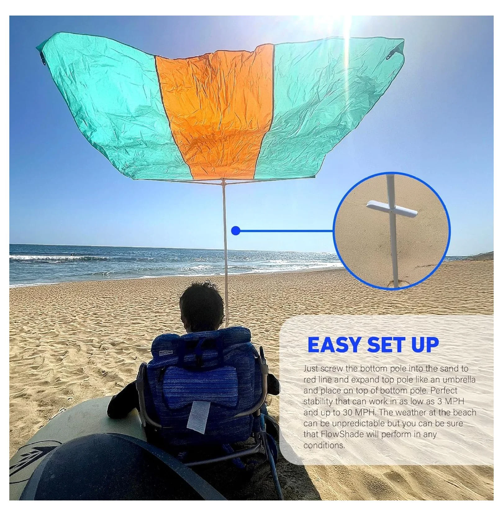 Flow Shade Beach Tent Wind Sun Canopy Portable Easy Set Up UPF 50+ No Assembly Requires 3-30 MPH - 1 to 4 People - 8 Foot X 8 Foot Fabric Top