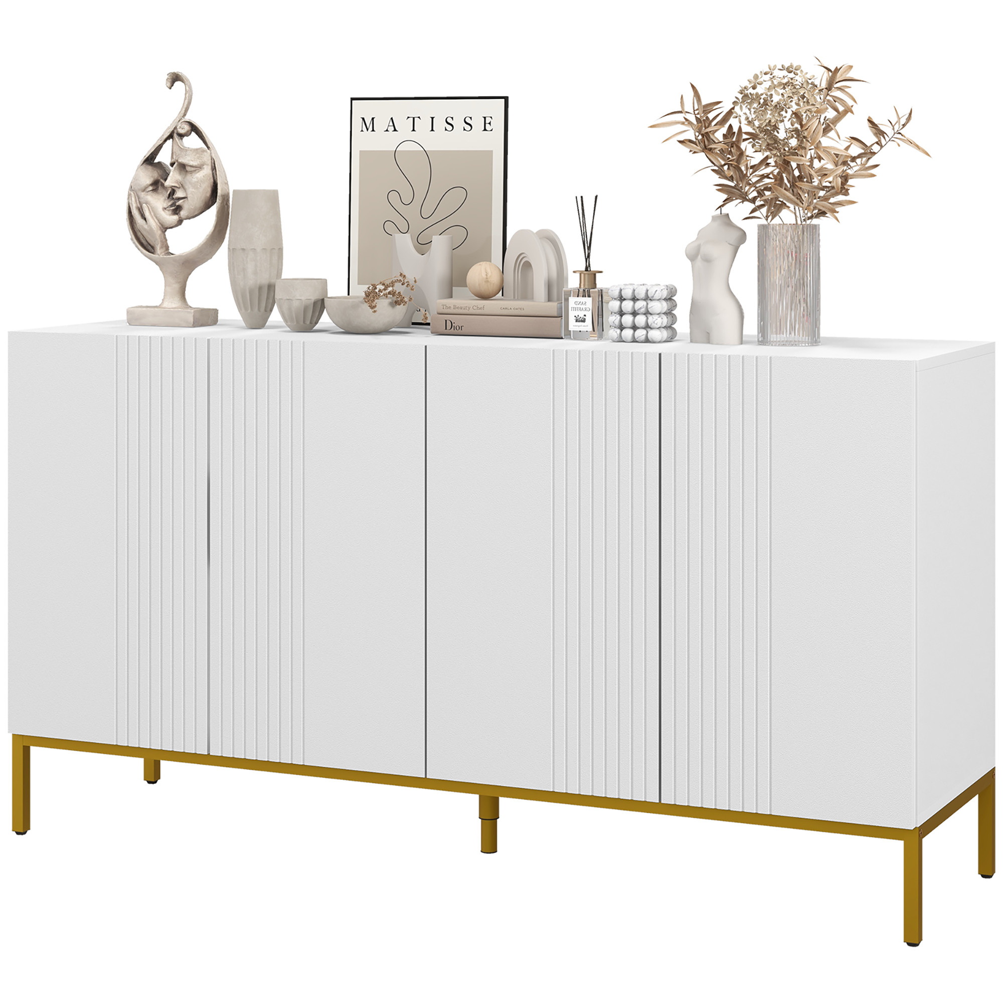 HOMCOM Buffet zeitgenössisches grafisches Design 2 Schränke Tür höhenverstellbare Regale Weiß Gold