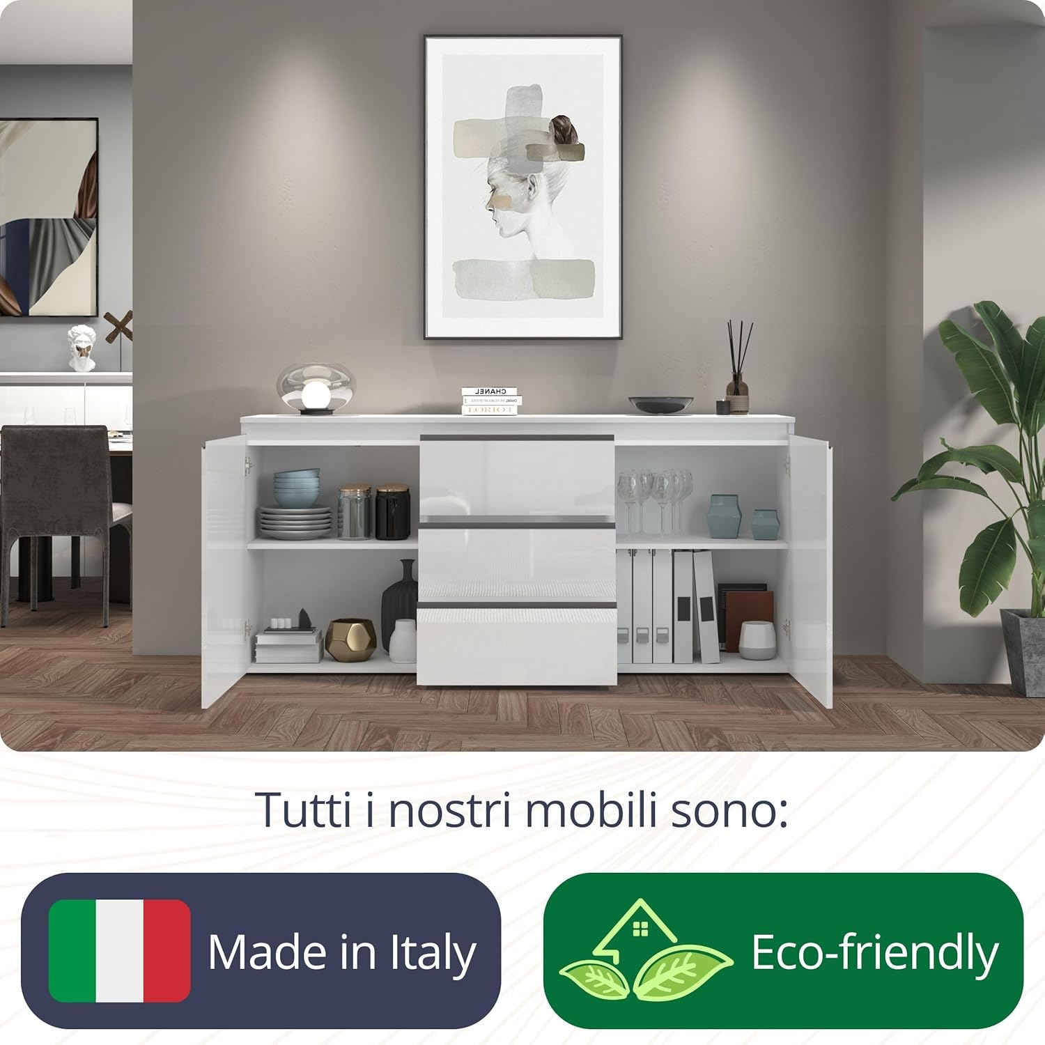 WHOUS Credenza MAGIC per Soggiorno con 2 Ante e 3 Cassetti, Madia per Salotto e Sala da Pranzo in Legno, 150x40x80 cm, Bianco Lucido