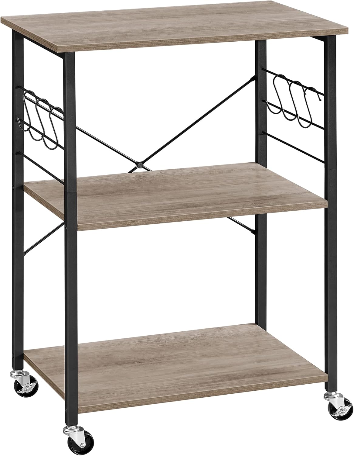 VASAGLE Carrello da Cucina con Rotelle, Carrello di Servizio con 3 Ripiani, Scaffale per Microonde, Forno, Tostapane, Struttura Metallica con 6 Ganci, Marrone Vintage e Nero KKS60XV1