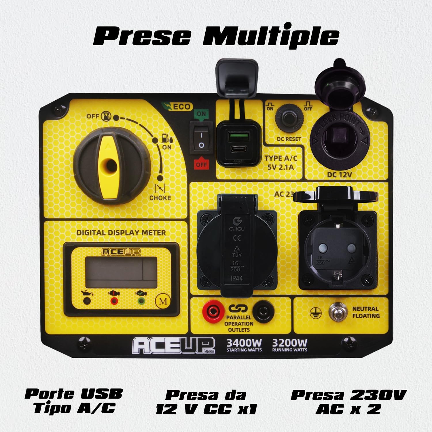 Aceup Energy 3400W Generatore Inverter Generatore di Corrente Benzina con Display Digitale Prese Multiuso Modalità Eco, per il Campeggio L'esterno, L'uso domestico Portatile e Silenzioso