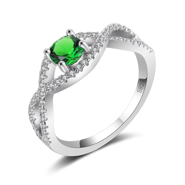 925 Sterling Silver Green Round Crystal Ring