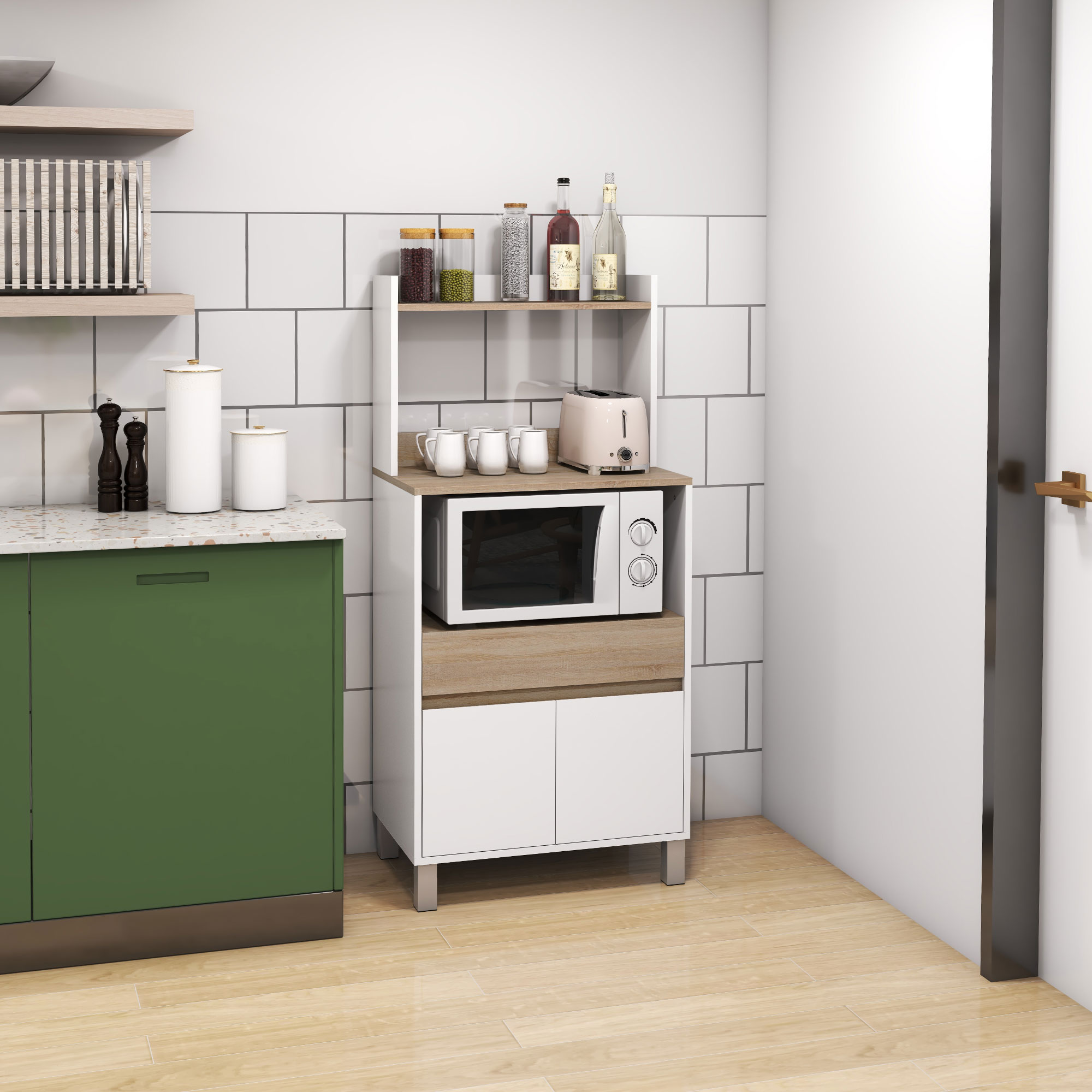 HOMCOM Küchenwagen für Mikrowelle mit Schrank Schublade Regal 60 x 40 x 131 cm Natur und Weiß