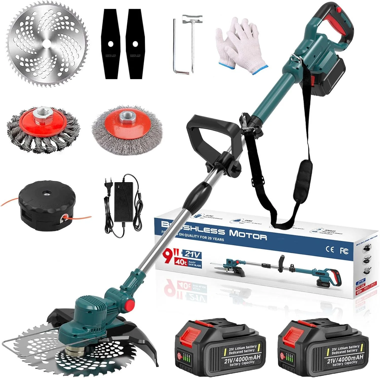 Hengriacly Grastrimmer op accu 21V, Accu grastrimmer voor Makita accu, Grastrimmer met onkruidborstel, Accu bosmaaier, Accu motormaaier - Incl. 2x4.0Ah accu & oplader, 750W borstelloze motor