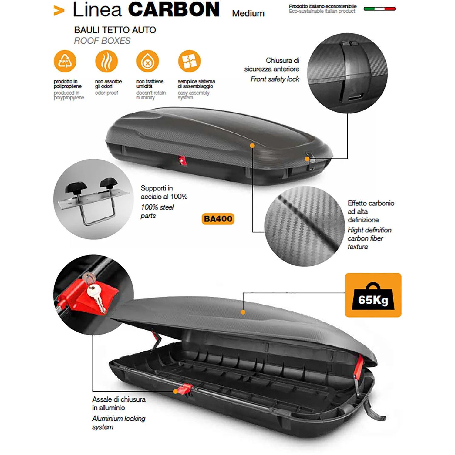 Baule tetto auto in polipropilene Linea Carbon - h37,5x169x79 cm