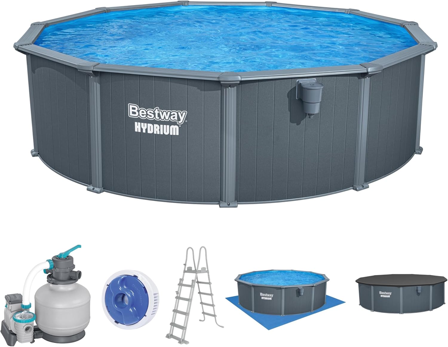 Bestway Hydrium Stahlwandpool Set, Ganzjährig aufstellbar & Winterfest, 488 x 132 cm Rund, Holz-Optik Grau, Inkl. Sandfilteranlage & Zubehör