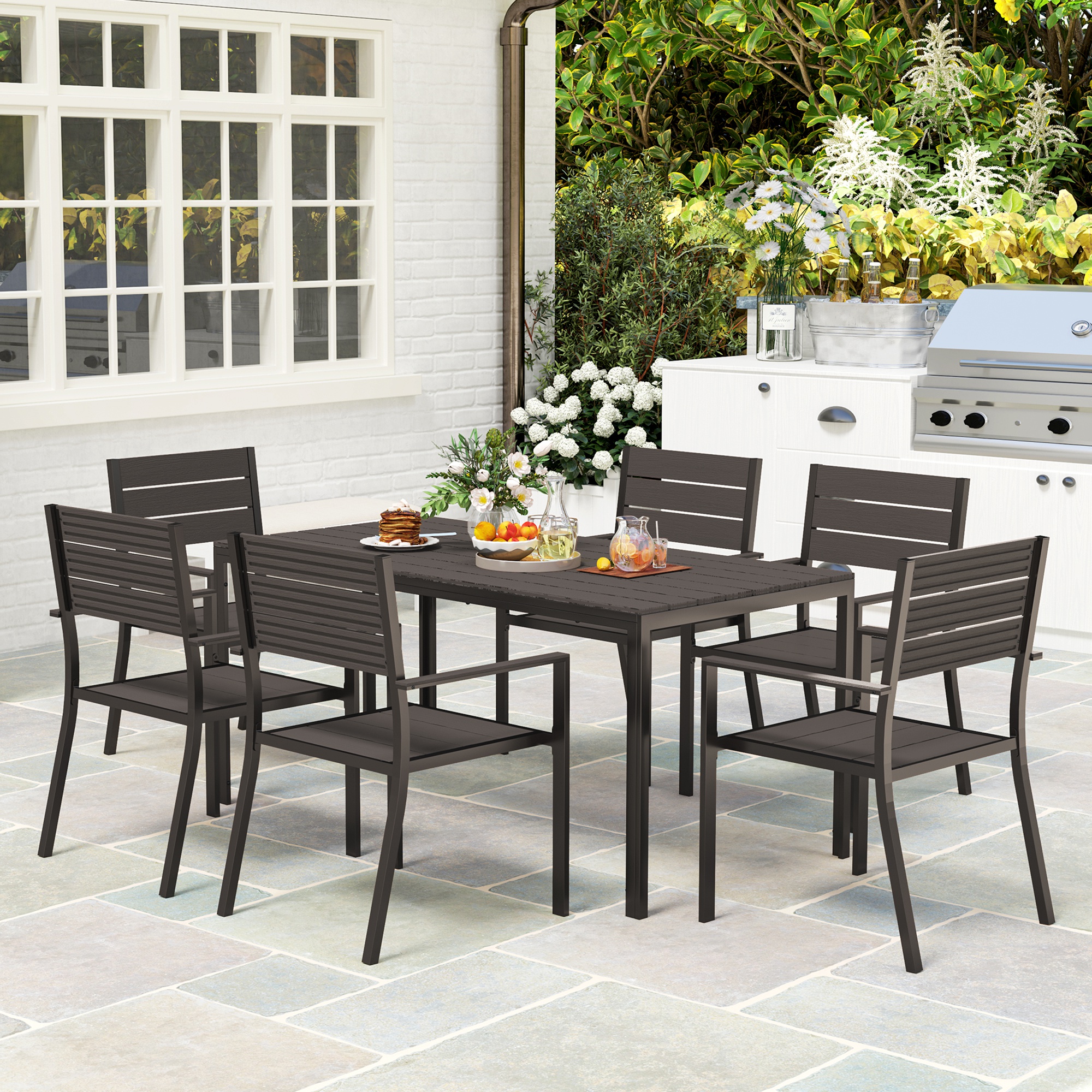 Outsunny 7-delige Tuinset voor 6 Personen - Eettafel met Stapelbare Stoelen in Donkerbruin
