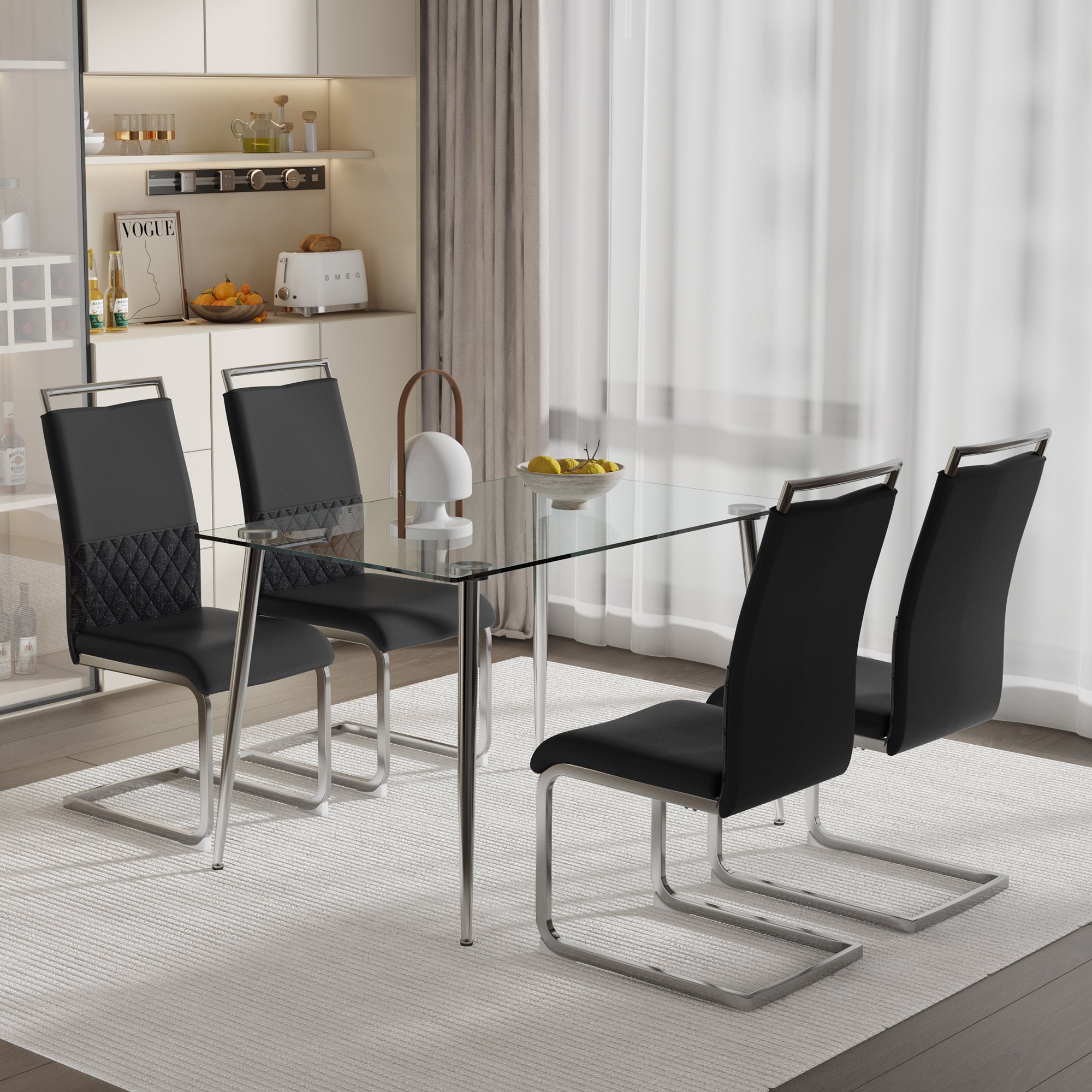 Set aus 4 modernen und ergonomischen Esszimmerstühlen mit hoher Rückenlehne aus Kunstleder und Stoff in Leinenoptik, Schwarz