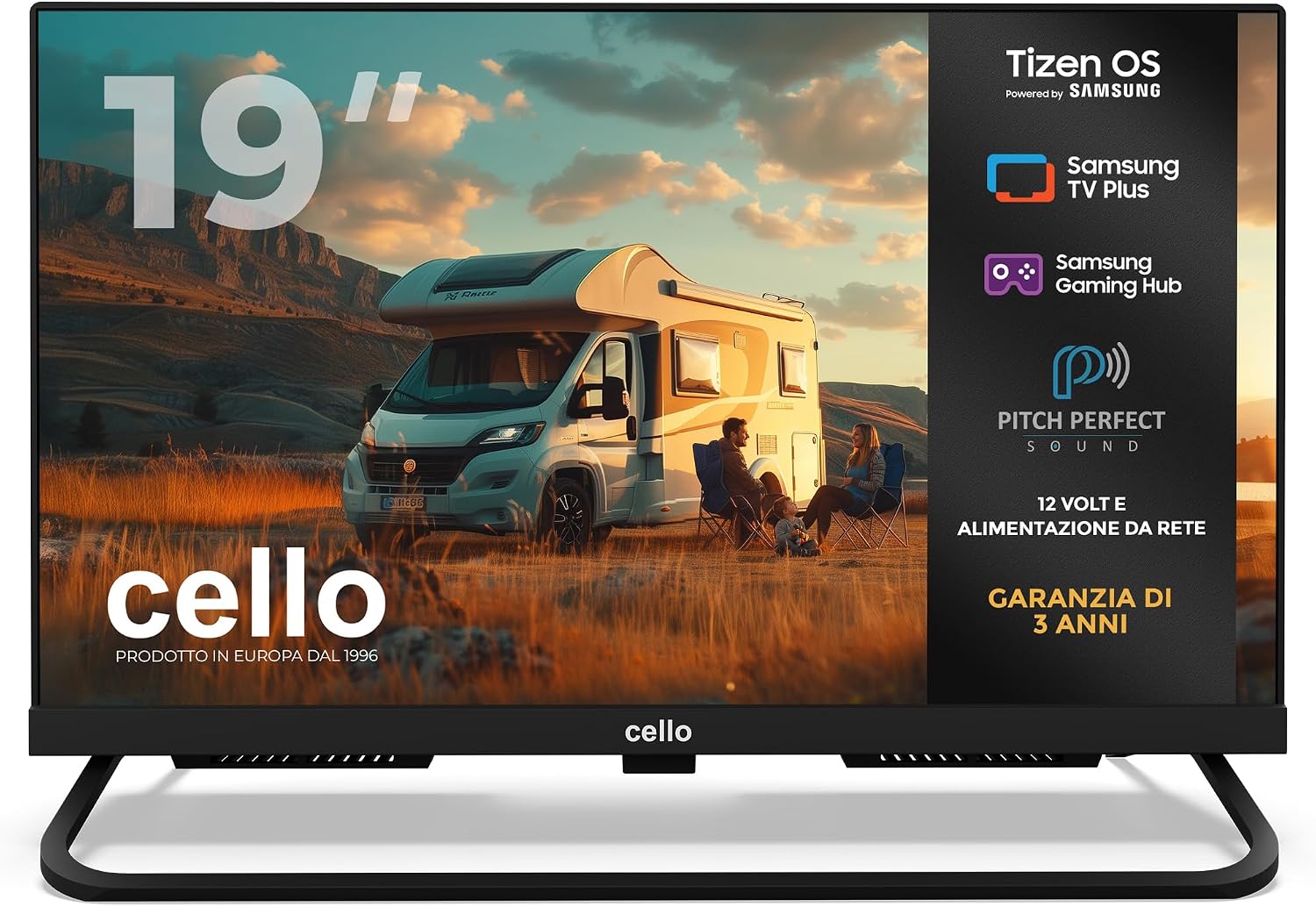 Cello CTRAV-19TZ Smart TV 19' 12V per camper e campeggio, Tizen OS di Samsung, Gaming Hub, altoparlanti Pitch Perfect, Bluetooth, triplo sintonizzatore