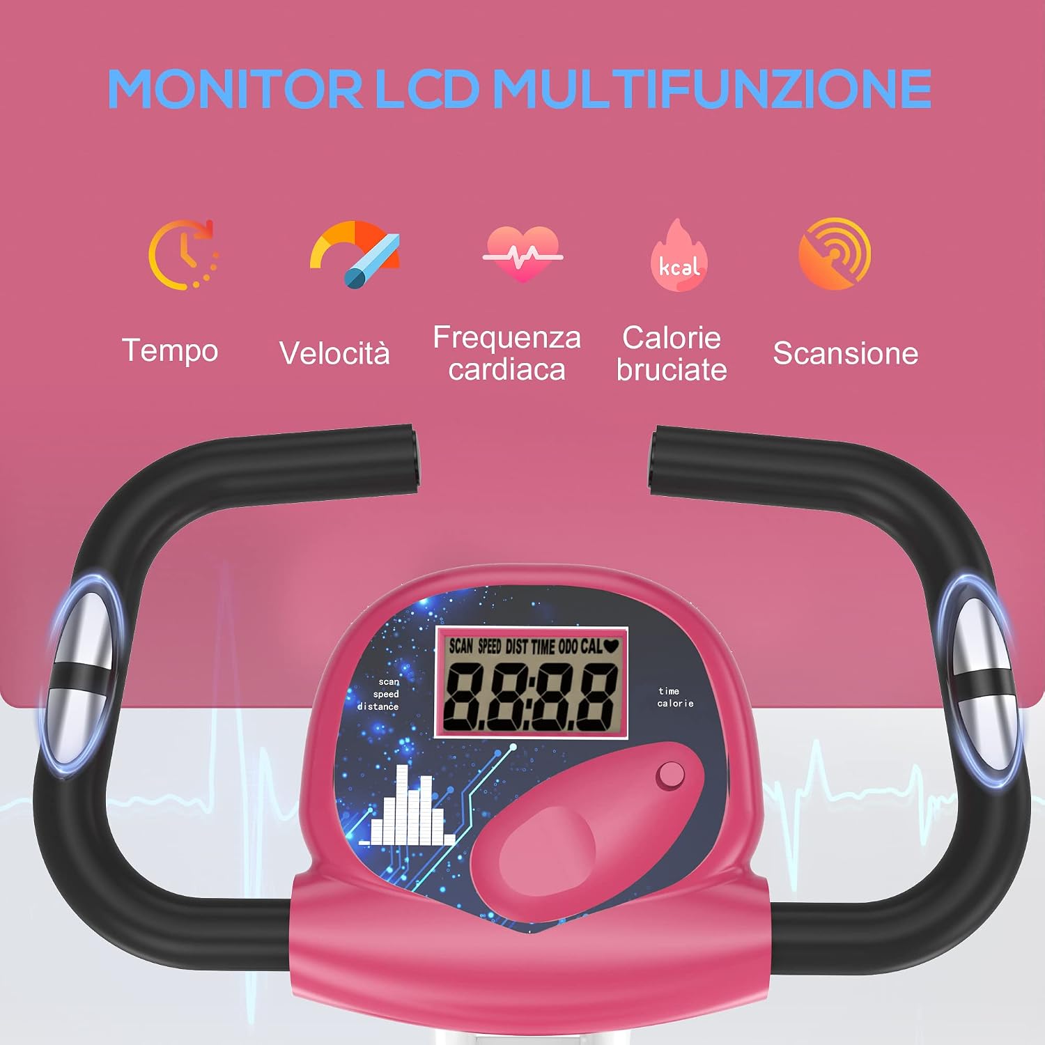 HOMCOM Cyclette Pieghevole da Fitness in Acciaio, Cyclette Magnetica Pieghevole da Casa con Altezza Regolabile, Resistenza Magnetica a 8 Livelli, Schermo LCD, 43x97x109cm