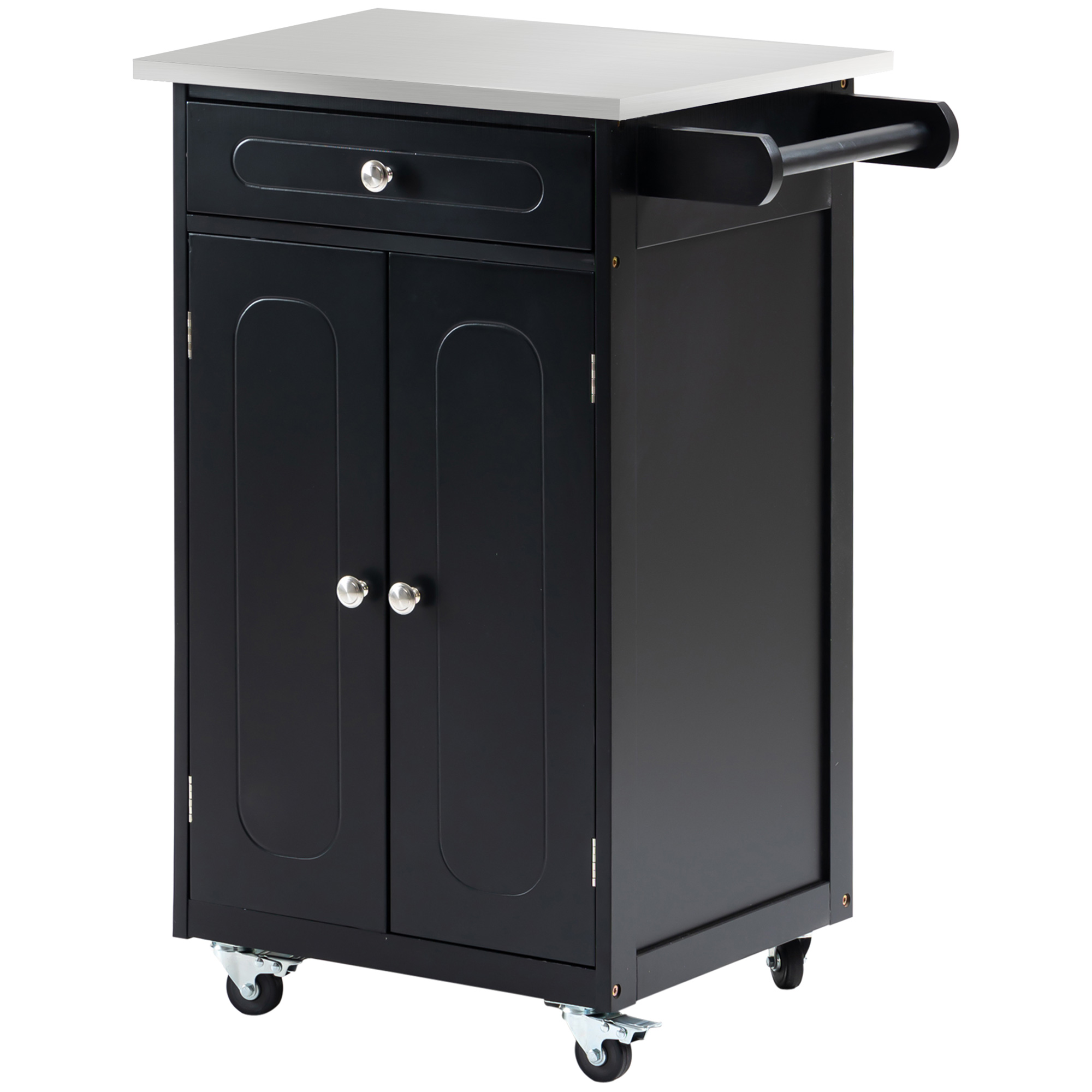 HOMCOM Servierwagen Küchenwagen mit Rollen und mehreren Aufbewahrungsmöglichkeiten 1 Schublade Schrank 2 Türen mit Regal Geschirrtuchhalter MDF Schwarz Edelstahl
