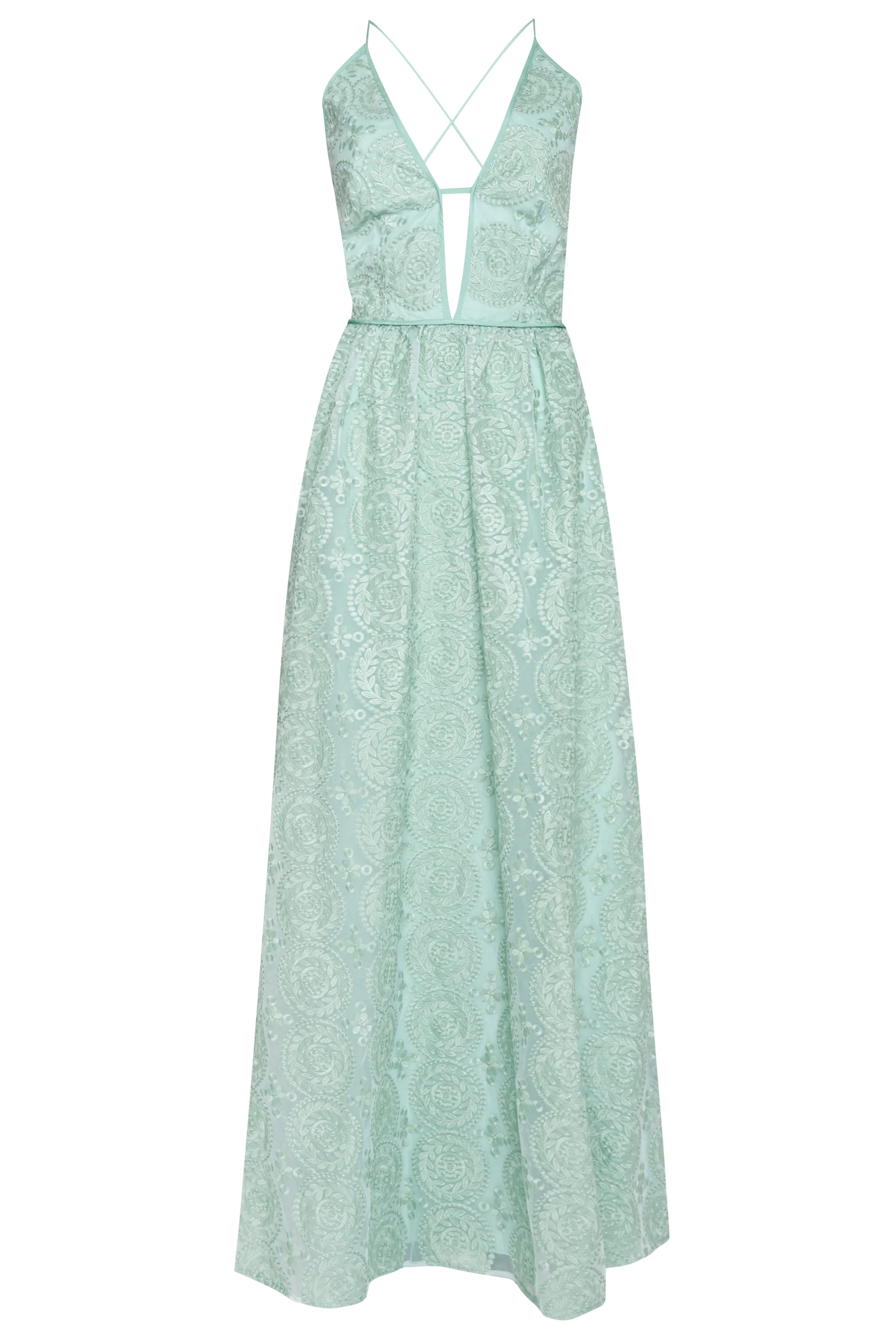 Matilda Dusty-Green Embroidery Plunge-Front Cross-Back Maxi-Dress