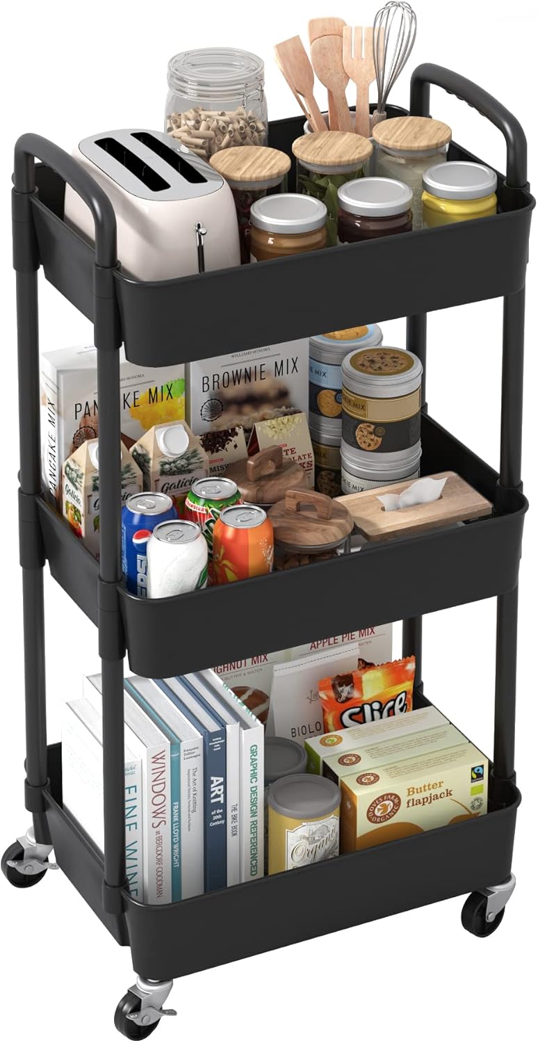 Sywhitta - Carrello in plastica a 4 scomparti, multifunzionale, per ufficio, soggiorno, cucina, contenitore mobile con ruote, colore bianco