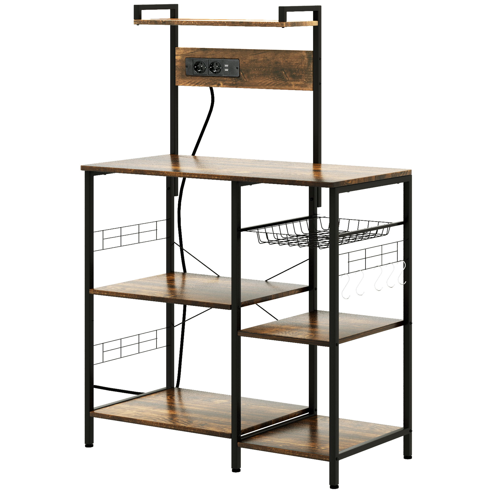 HOMCOM Küchenmöbel mit integrierten Steckdosen für Mikrowelle mit Regalen, industrieller Stil, 90x42x130cm, Braun